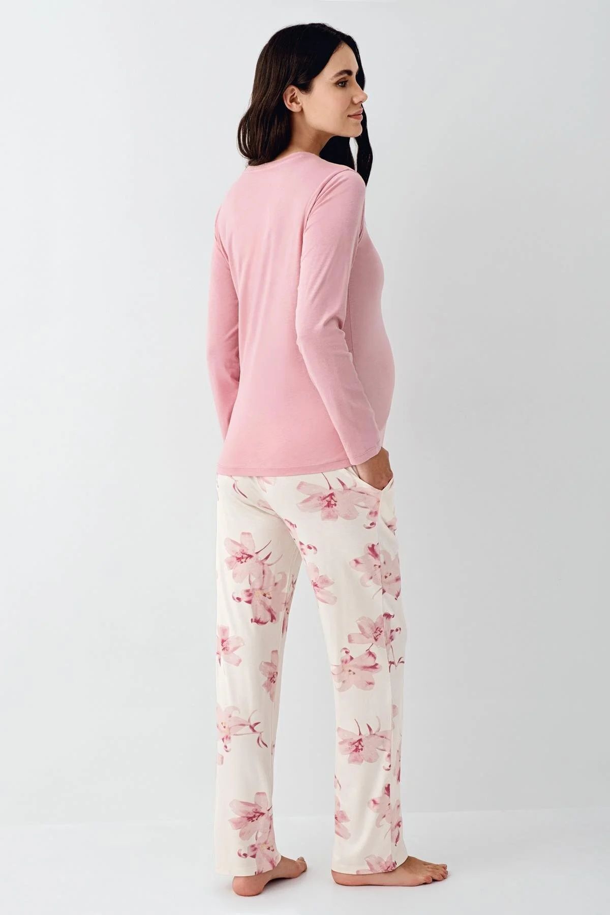 Pierre Cardin 9059 Kadın Gül Kurusu Uzun Kollu Hamile Lohusa Önden Emzirme Özellikli Pijama Takımı
