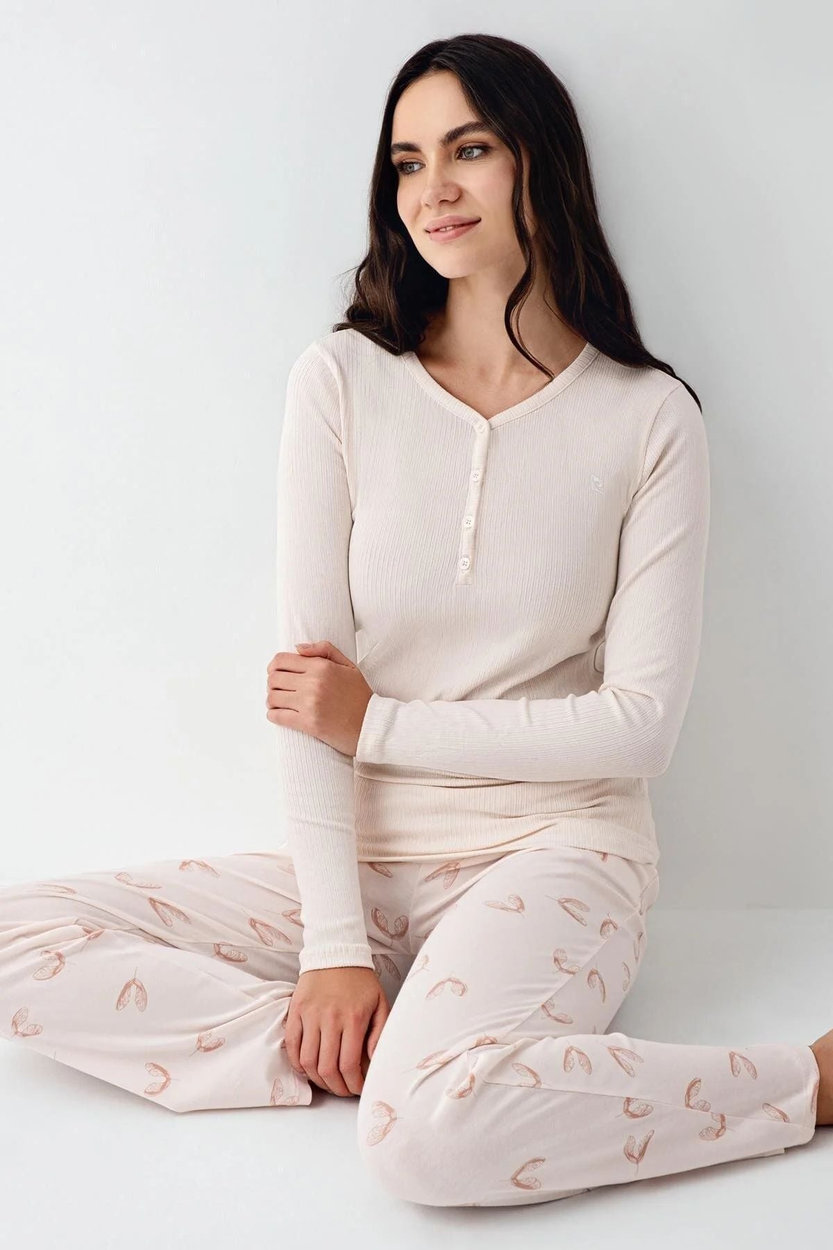 Pierre Cardin 9062 Kadın Toz Pembe Uzun Kollu Yarım Pat V Yaka Pijama Takımı
