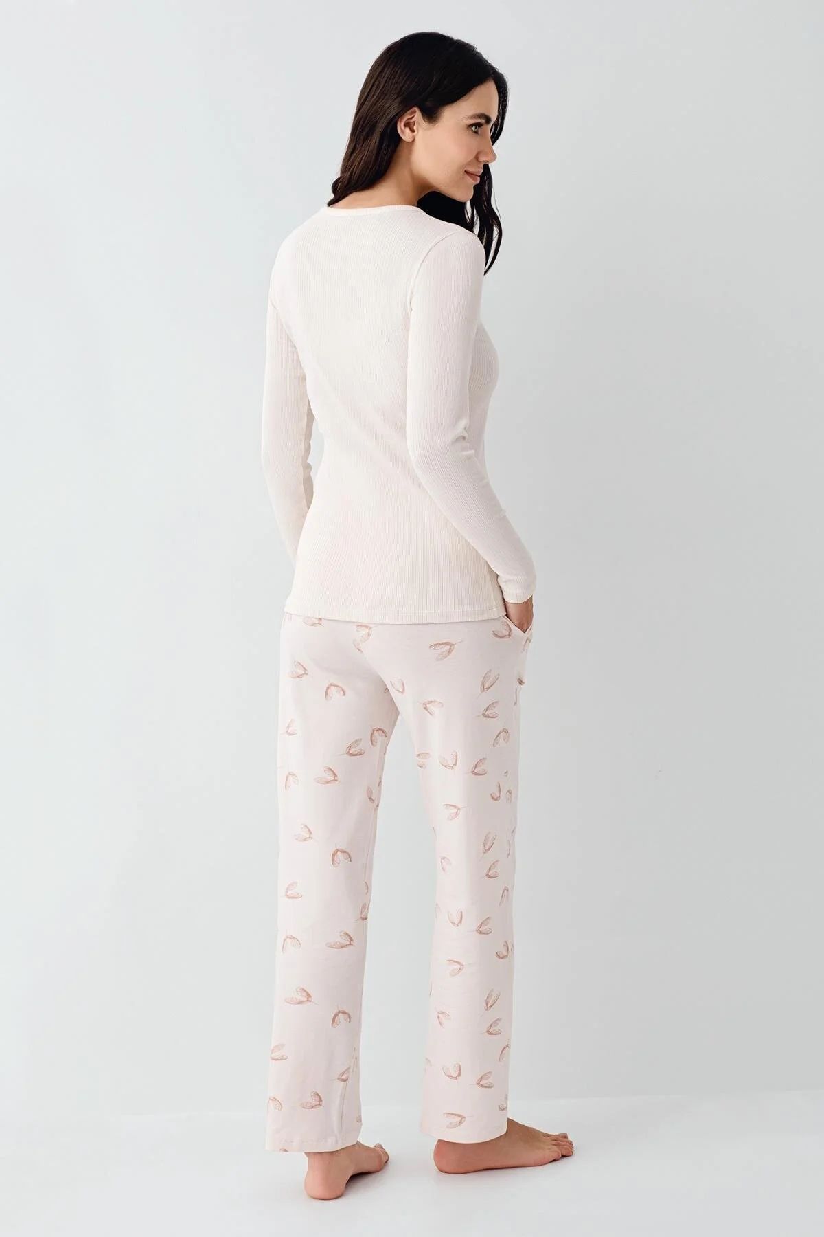 Pierre Cardin 9062 Kadın Toz Pembe Uzun Kollu Yarım Pat V Yaka Pijama Takımı