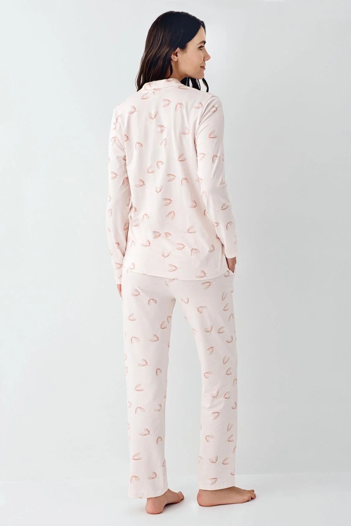 Pierre Cardin 9064 Kadın Toz Pembe Uzun Kollu Önden Düğmeli Gömlek Pijama Takımı