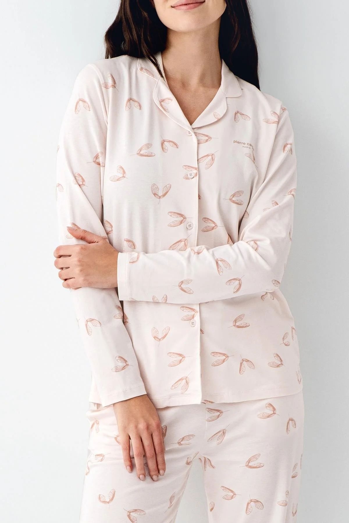 Pierre Cardin 9064 Kadın Toz Pembe Uzun Kollu Önden Düğmeli Gömlek Pijama Takımı