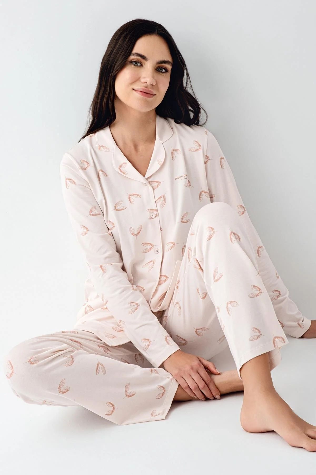 Pierre Cardin 9064 Kadın Toz Pembe Uzun Kollu Önden Düğmeli Gömlek Pijama Takımı