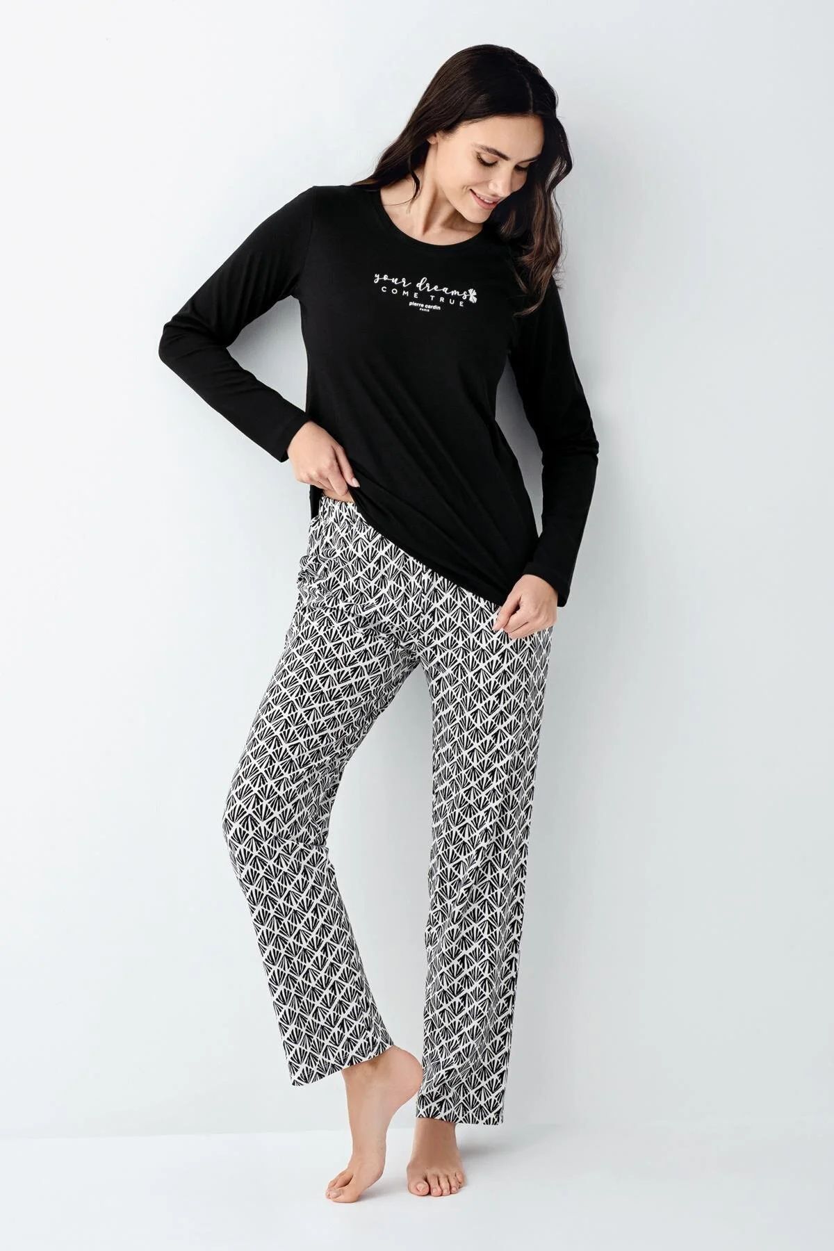 Pierre Cardin 9068 Kadın Siyah Uzun Kollu Yuvarlak Yaka Pijama Takımı