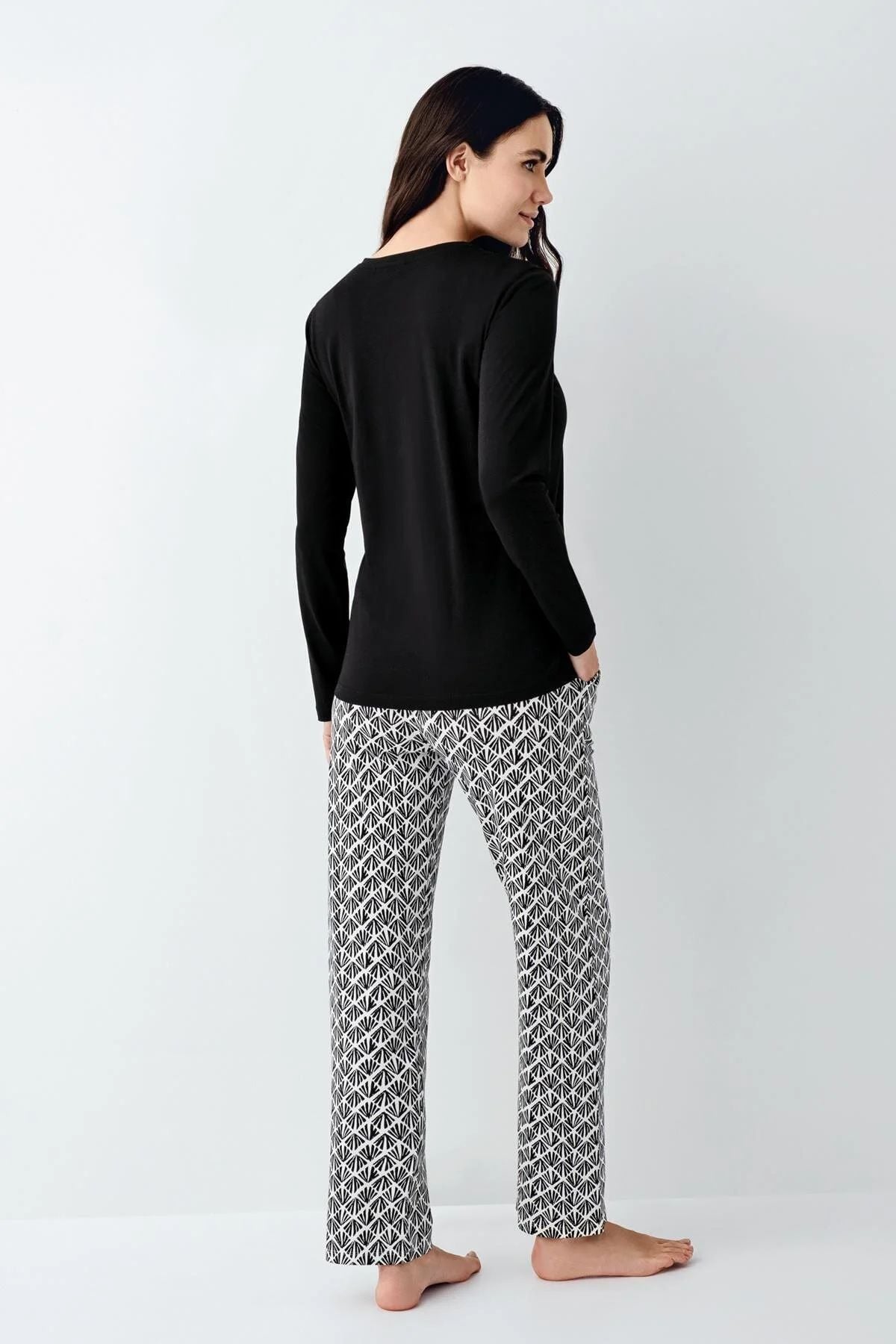 Pierre Cardin 9068 Kadın Siyah Uzun Kollu Yuvarlak Yaka Pijama Takımı