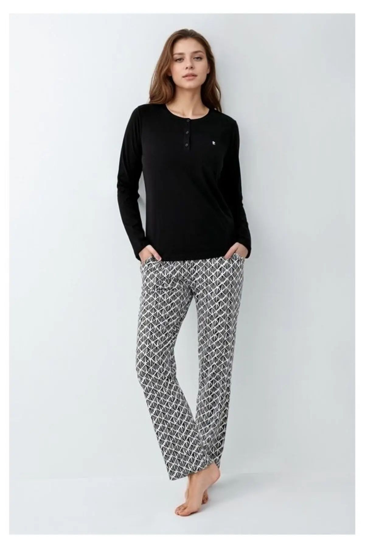 Pierre Cardin 9069 Kadın Siyah Uzun Kollu Yarım Pat Pijama Takımı