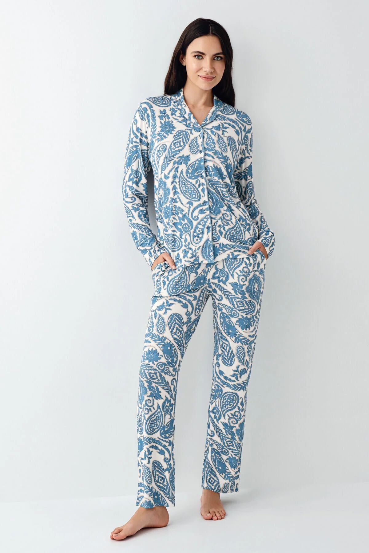 Pierre Cardin 9076 Kadın Krem Uzun Kollu Önden Düğmeli Gömlek Pijama Takımı