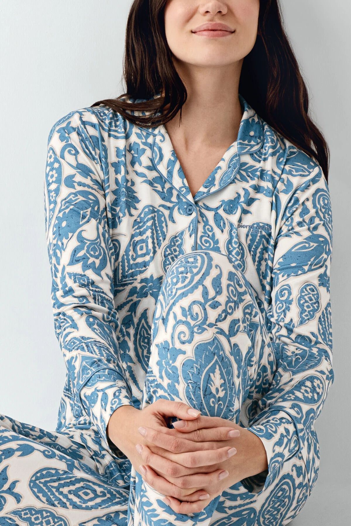 Pierre Cardin 9076 Kadın Krem Uzun Kollu Önden Düğmeli Gömlek Pijama Takımı