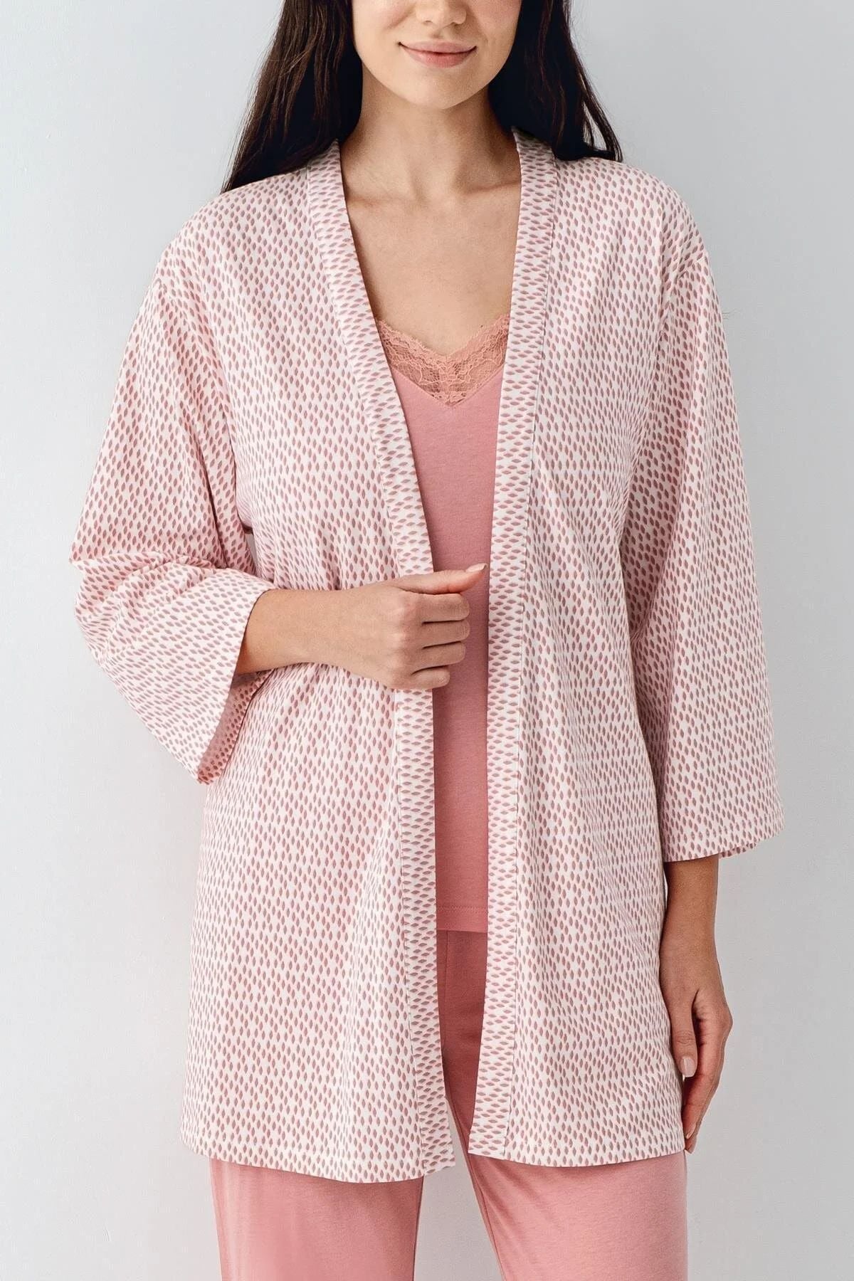 Pierre Cardin 9082 Kadın Pembe Sabahlıklı İp Askılı Dantel Detaylı 3Lü Pijama Takımı