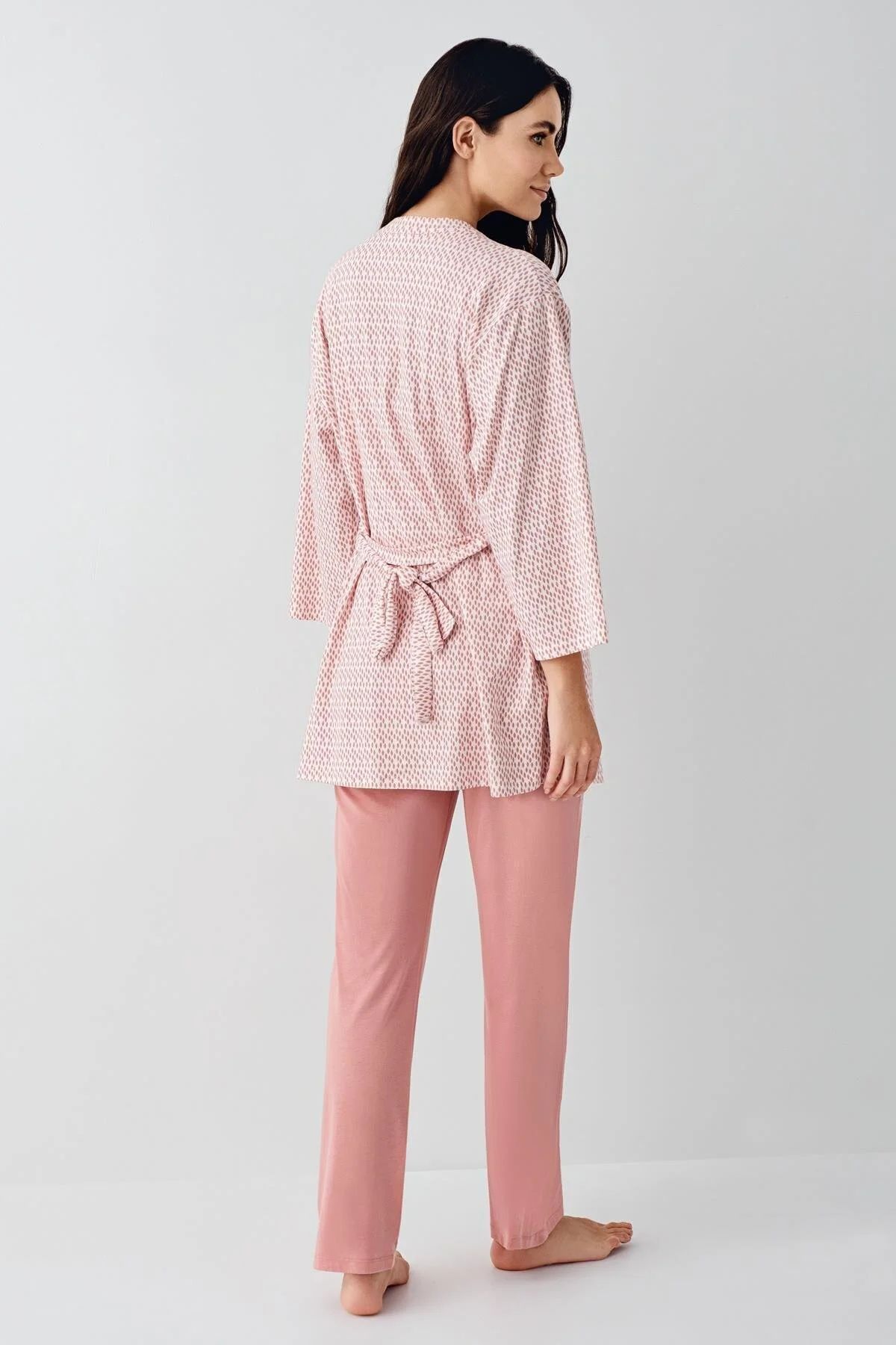 Pierre Cardin 9082 Kadın Pembe Sabahlıklı İp Askılı Dantel Detaylı 3Lü Pijama Takımı
