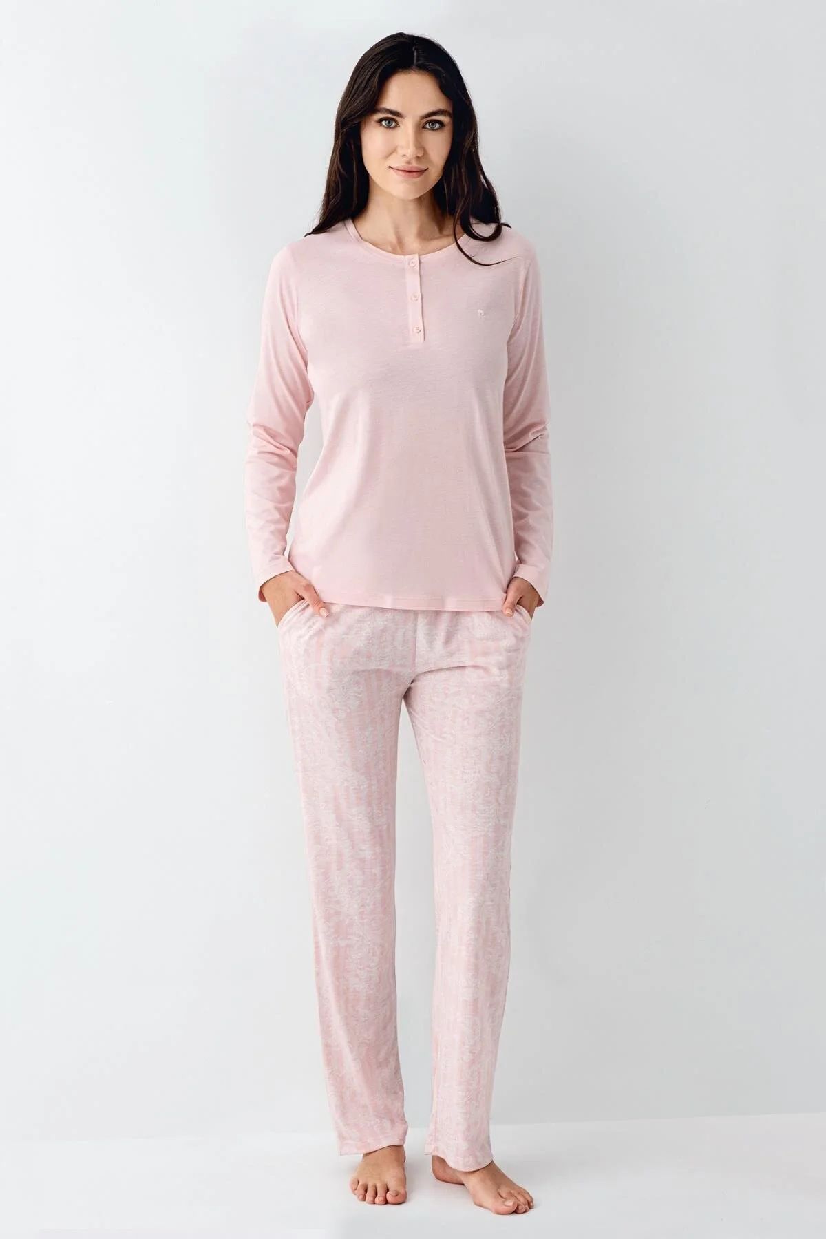 Pierre Cardin 9086B Kadın Pembe Uzun Kollu Yarım Pat Battal Pijama Takımı