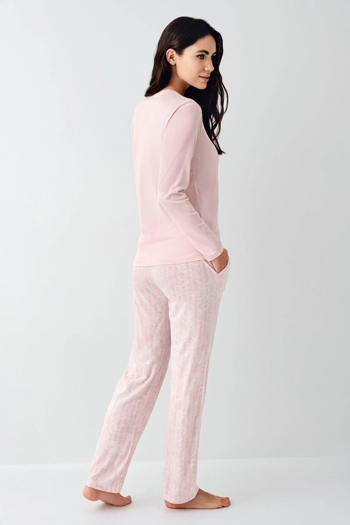Pierre Cardin 9086B Kadın Pembe Uzun Kollu Yarım Pat Battal Pijama Takımı