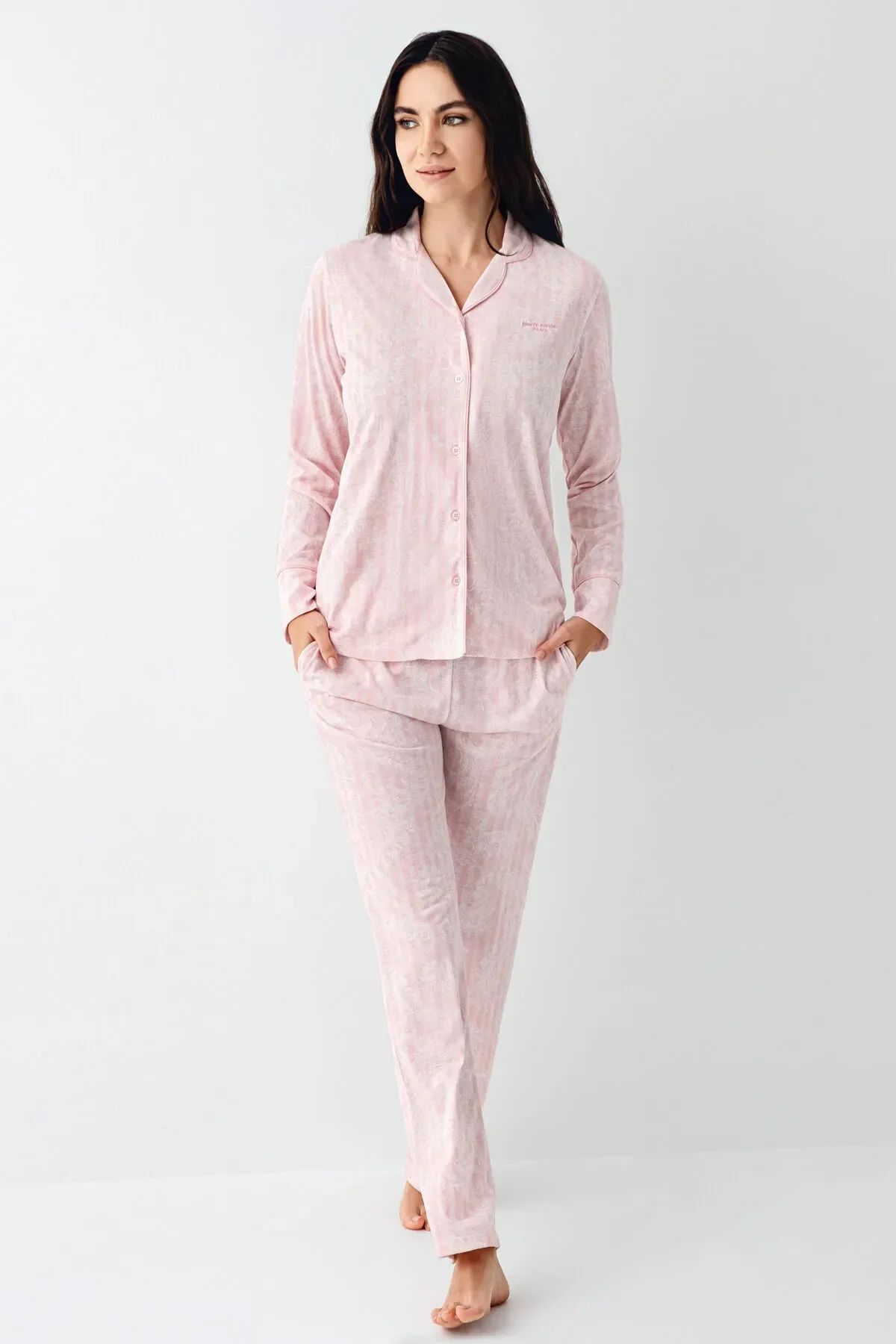 Pierre Cardin 9087 Kadın Krem Uzun Kollu Önden Düğmeli Gömlek Pijama Takımı