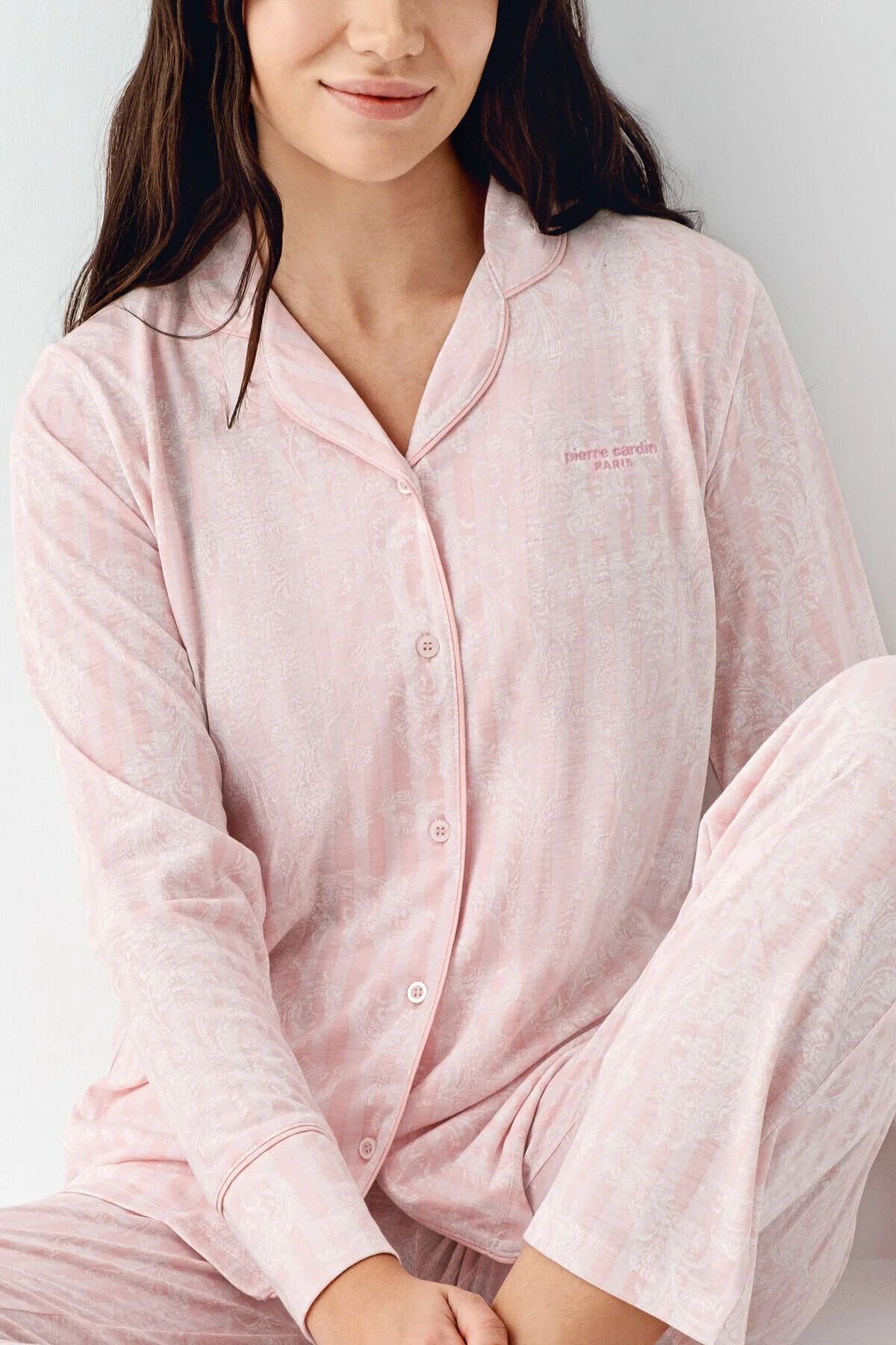 Pierre Cardin 9087 Kadın Krem Uzun Kollu Önden Düğmeli Gömlek Pijama Takımı