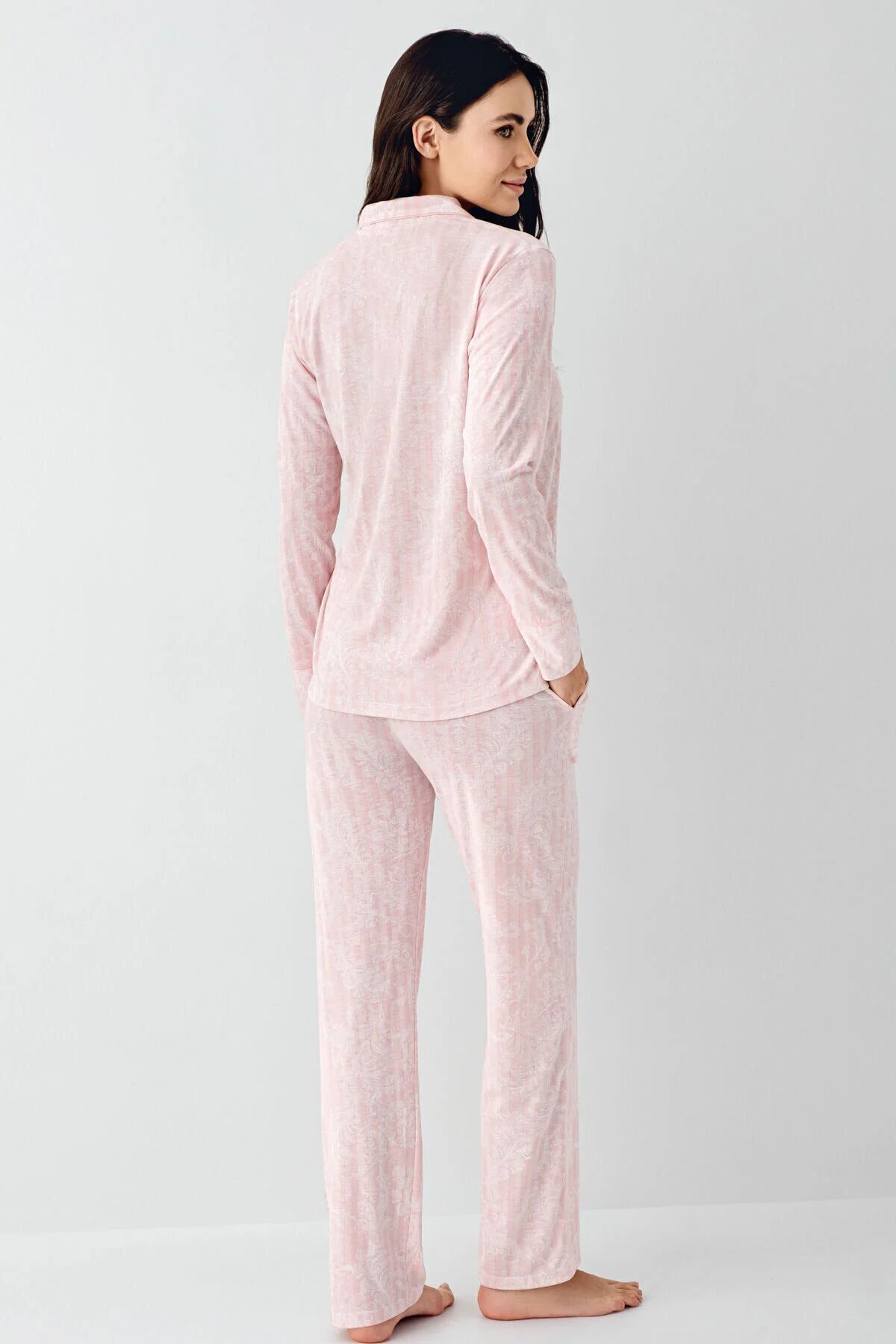 Pierre Cardin 9087 Kadın Krem Uzun Kollu Önden Düğmeli Gömlek Pijama Takımı