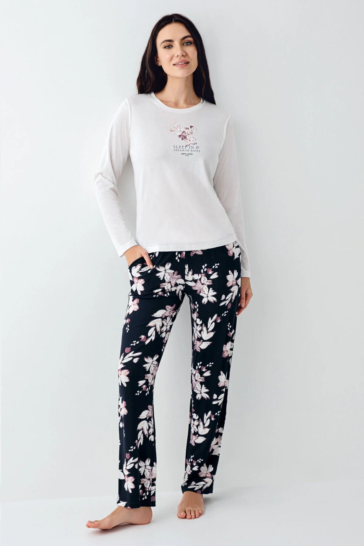 Pierre Cardin 9106 Kadın Beyaz Uzun Kollu Yuvarlak Yaka Pijama Takımı