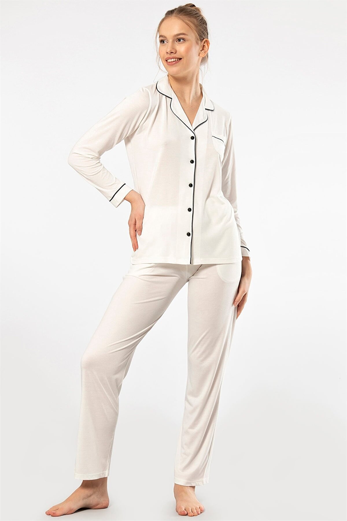 Türen 3365 Ekru Kadın Düz Uzun Kollu Gömlek Yaka Pijama Takım