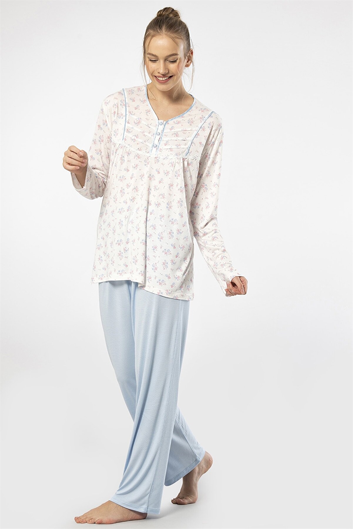 Türen 3366 Mavi Kadın Empirme Patlı Battal Uzun Kollu Pijama Takım