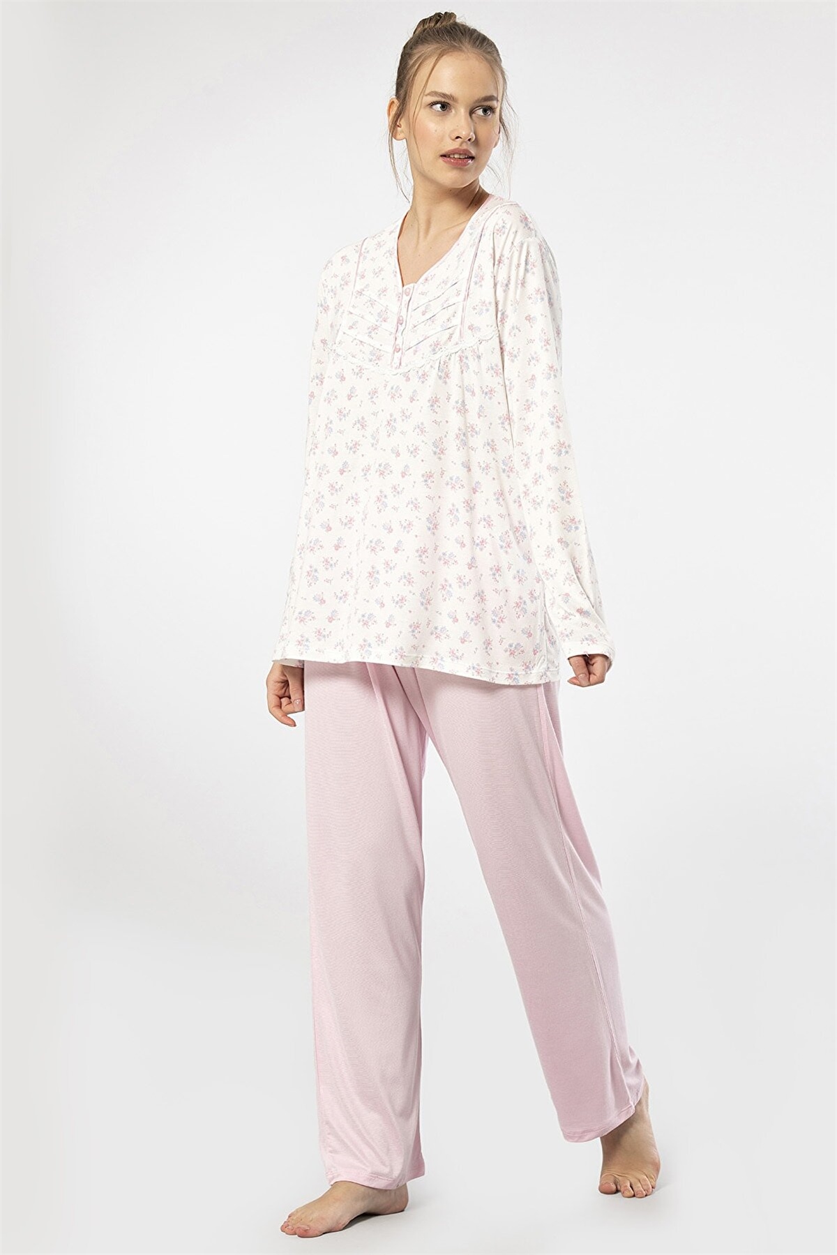 Türen 3366 Pembe Kadın Empirme Patlı Battal Uzun Kollu Pijama Takım