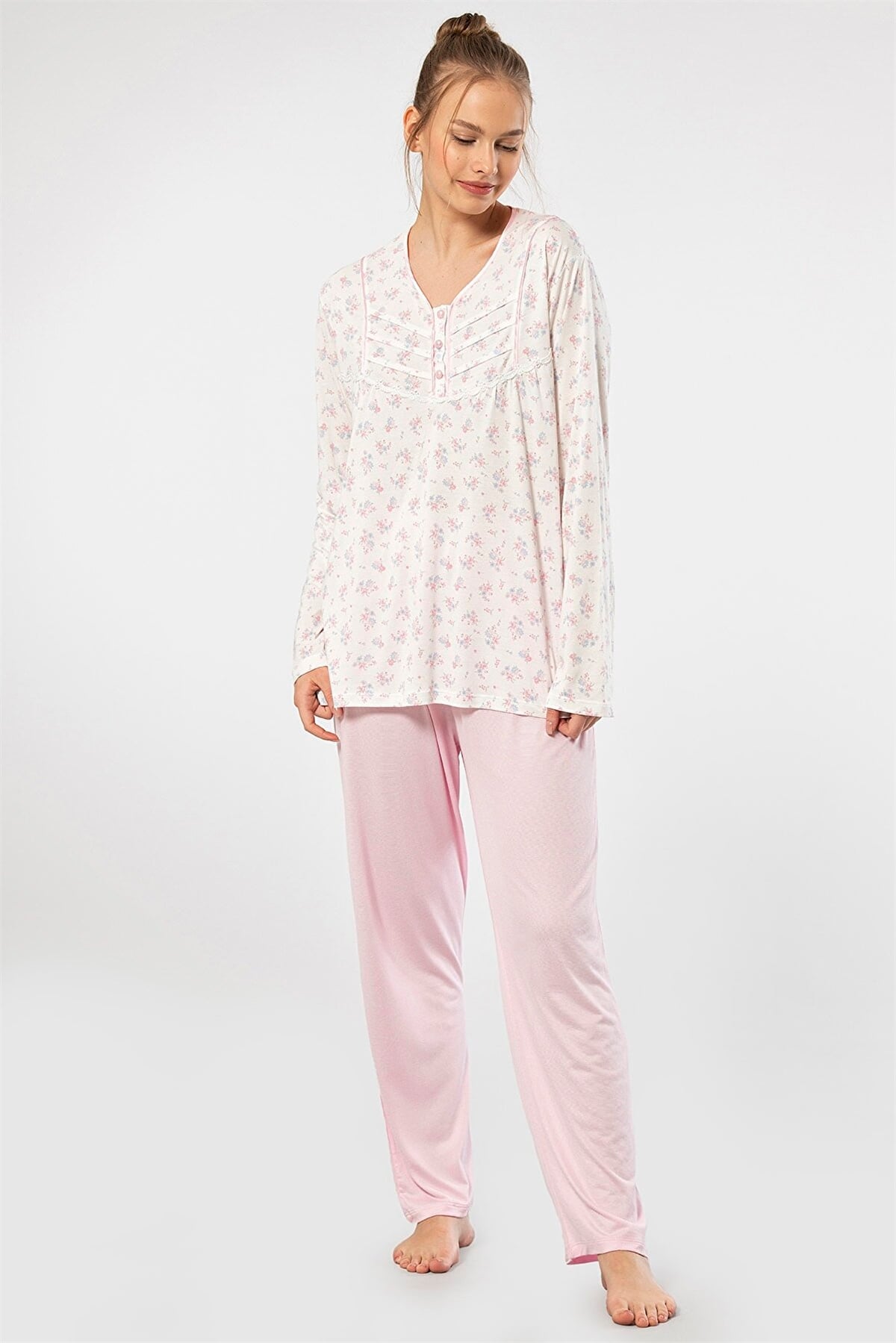Türen 3366 Pembe Kadın Empirme Patlı Battal Uzun Kollu Pijama Takım