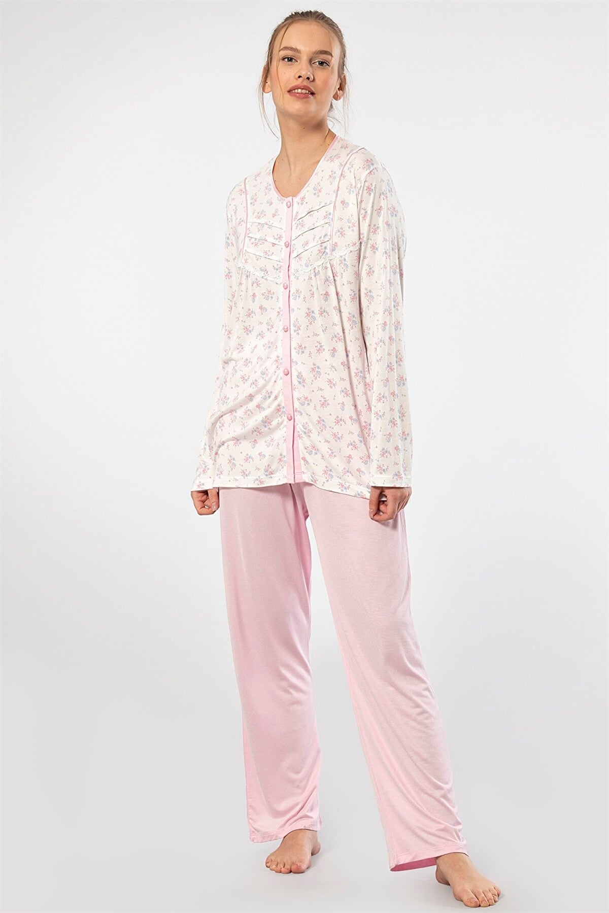 Türen 3367 Pembe Kadın Empirme Patlı Battal Uzun Kollu Pijama Takım