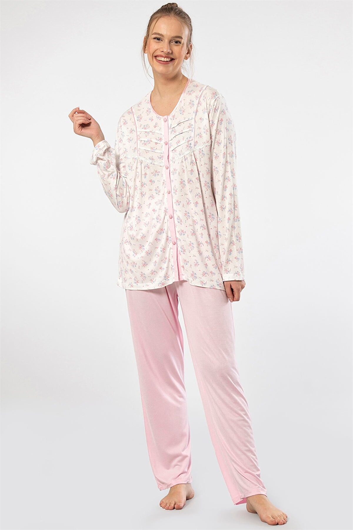 Türen 3367 Pembe Kadın Empirme Patlı Battal Uzun Kollu Pijama Takım