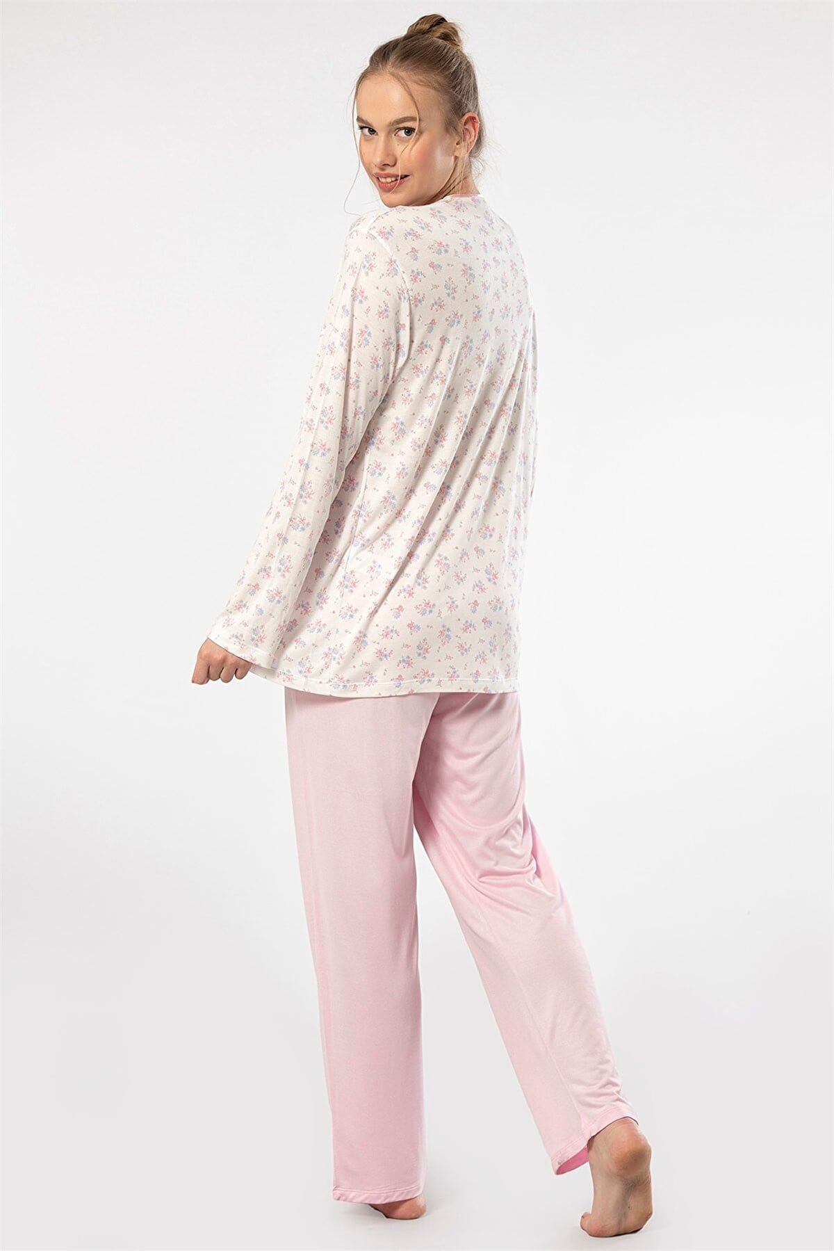Türen 3367 Pembe Kadın Empirme Patlı Battal Uzun Kollu Pijama Takım