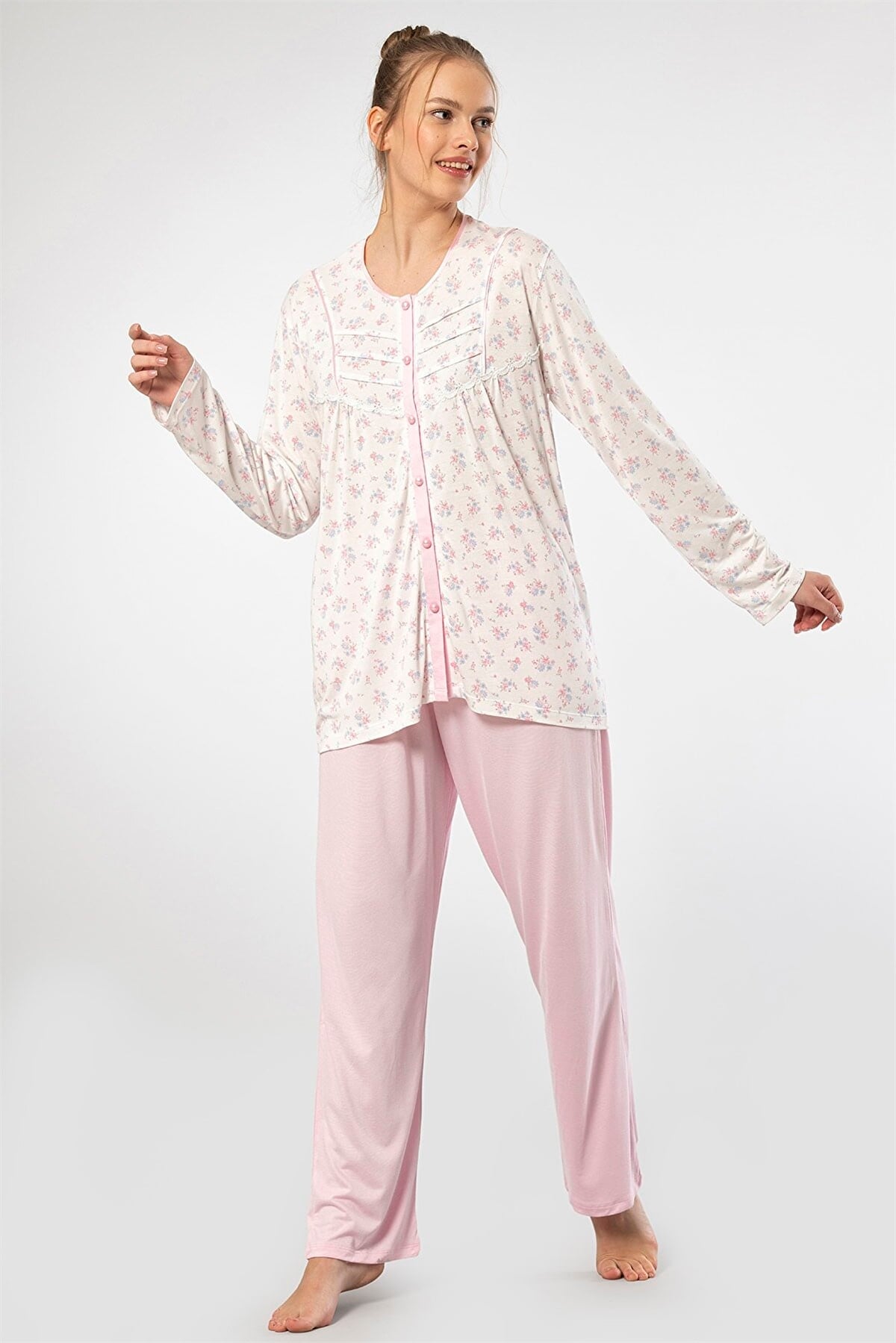 Türen 3367 Pembe Kadın Empirme Patlı Battal Uzun Kollu Pijama Takım
