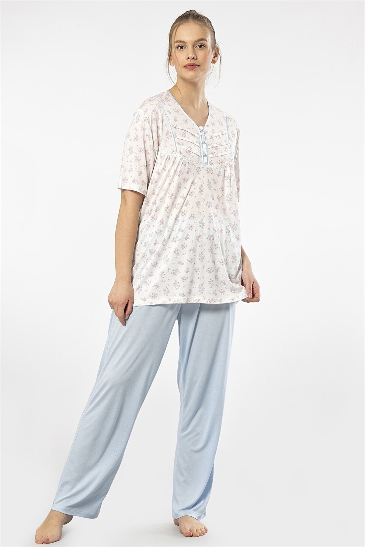 Türen 3369 Mavi Kadın Empirme Patlı Battal Kısa Kollu Pijama Takım