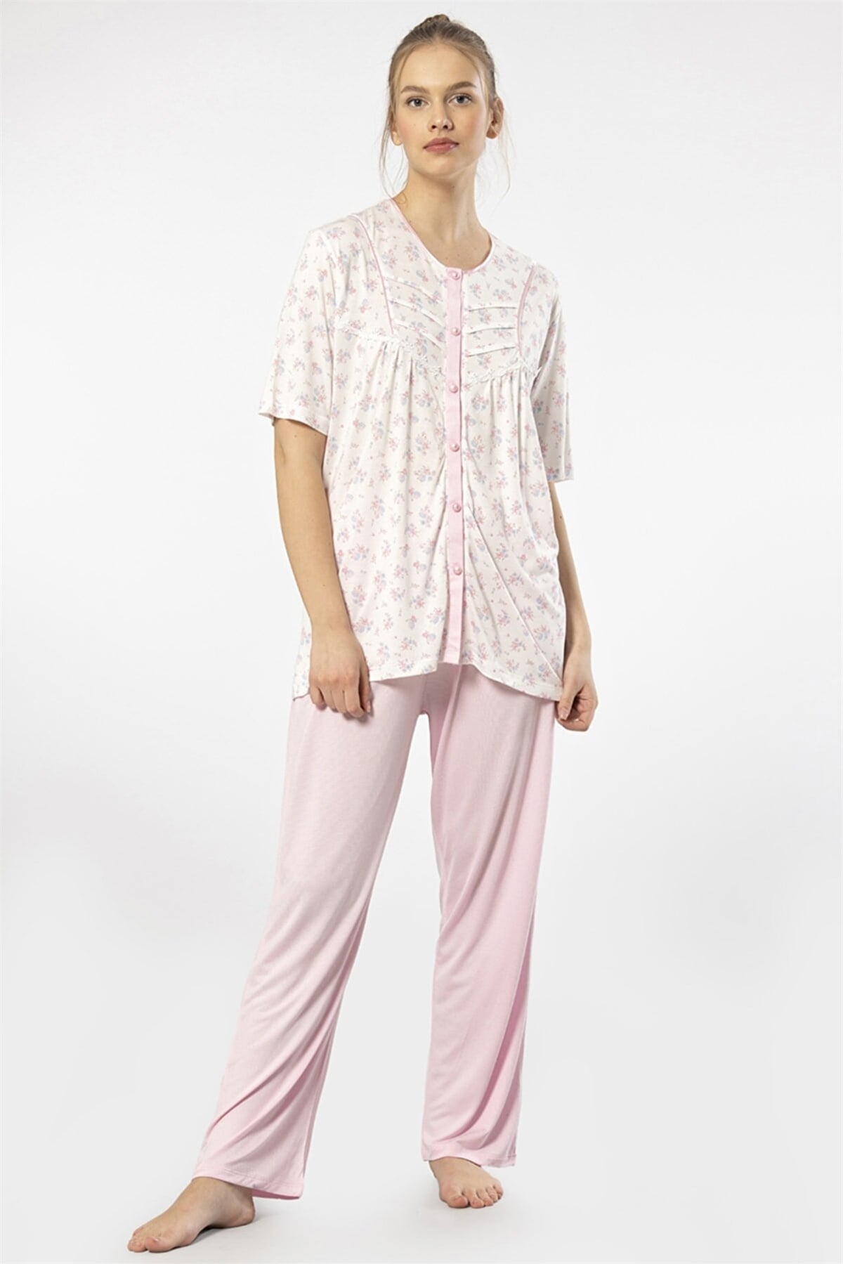 Türen 3370 Pembe Kadın Empirme Düğmeli Battal Kısa Kollu Pijama Takım