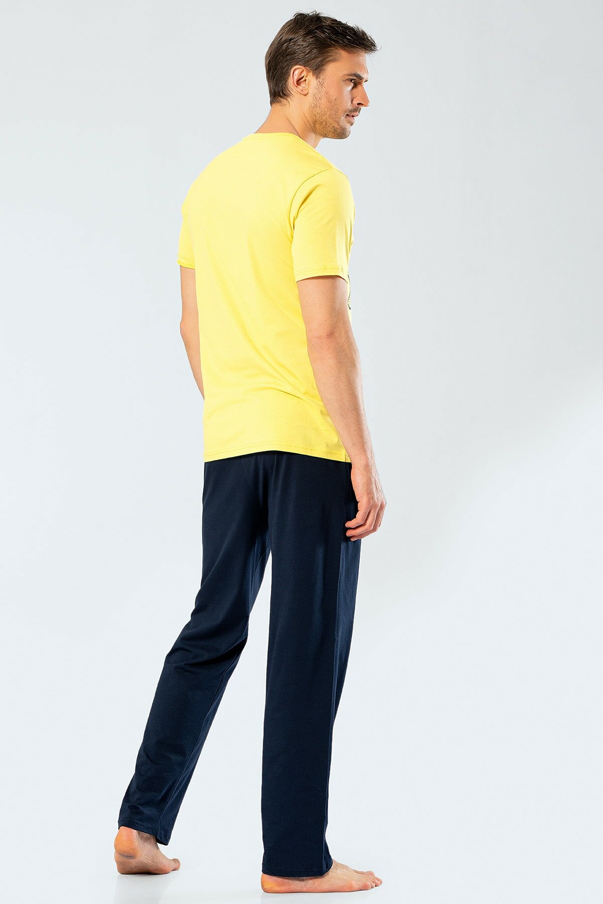 Türen 4133 Sarı Erkek Baskılı V Yaka Pantolon Pijama Takım