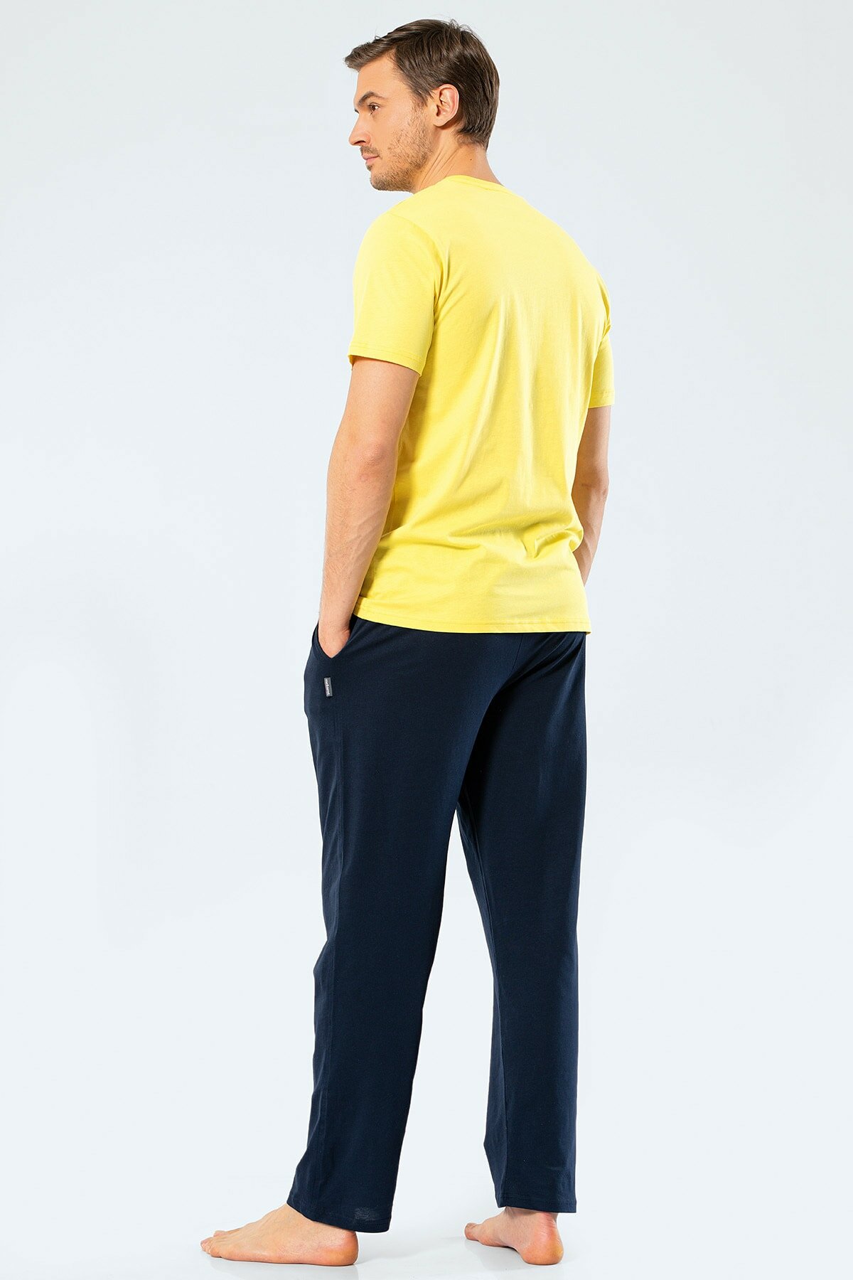 Türen 4135 Sarı Erkek Baskılı V Yaka Pantolon Pijama Takım