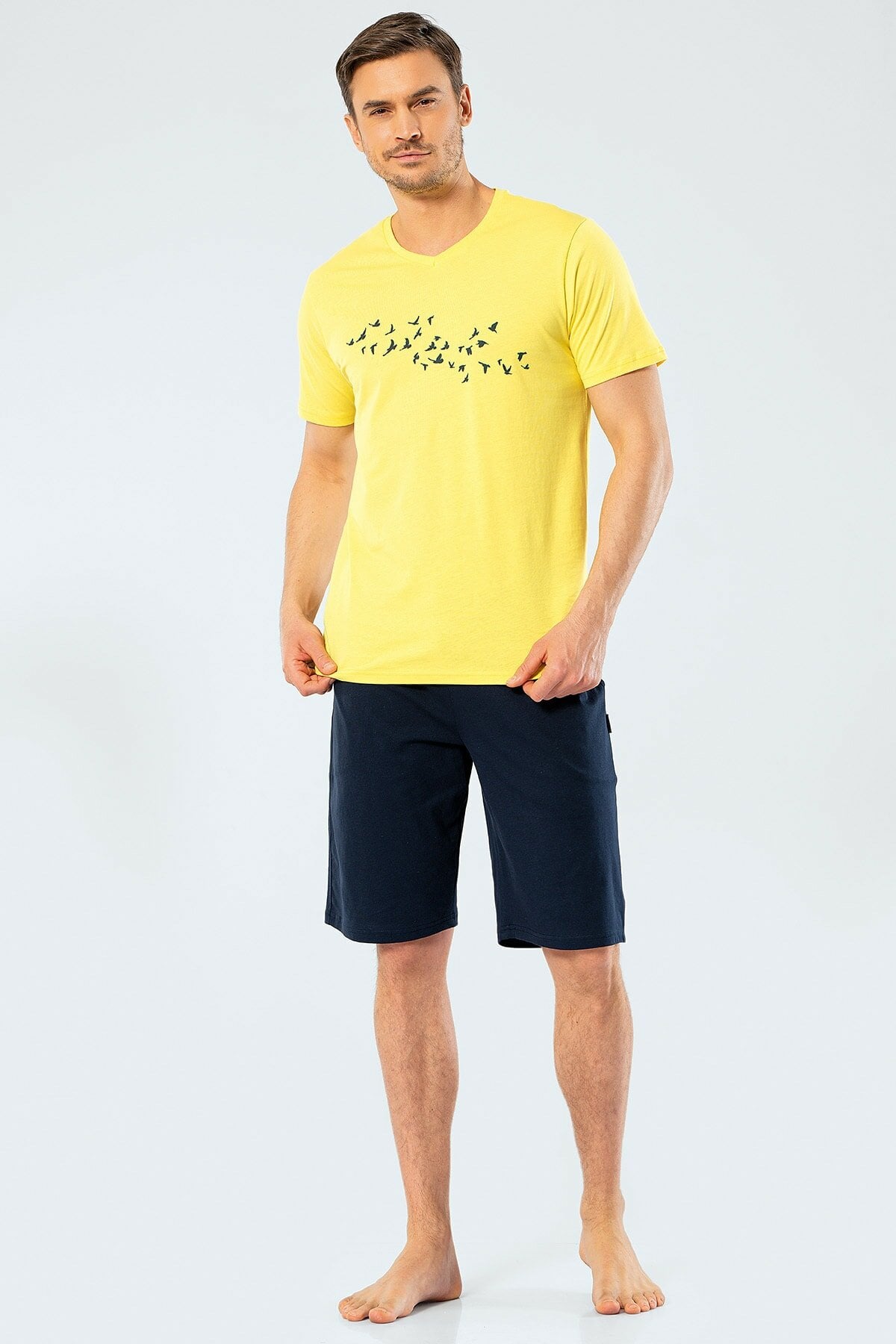 Türen 4136 Sarı Erkek Baskılı V Yaka Bermuda Şort Pijama Takım