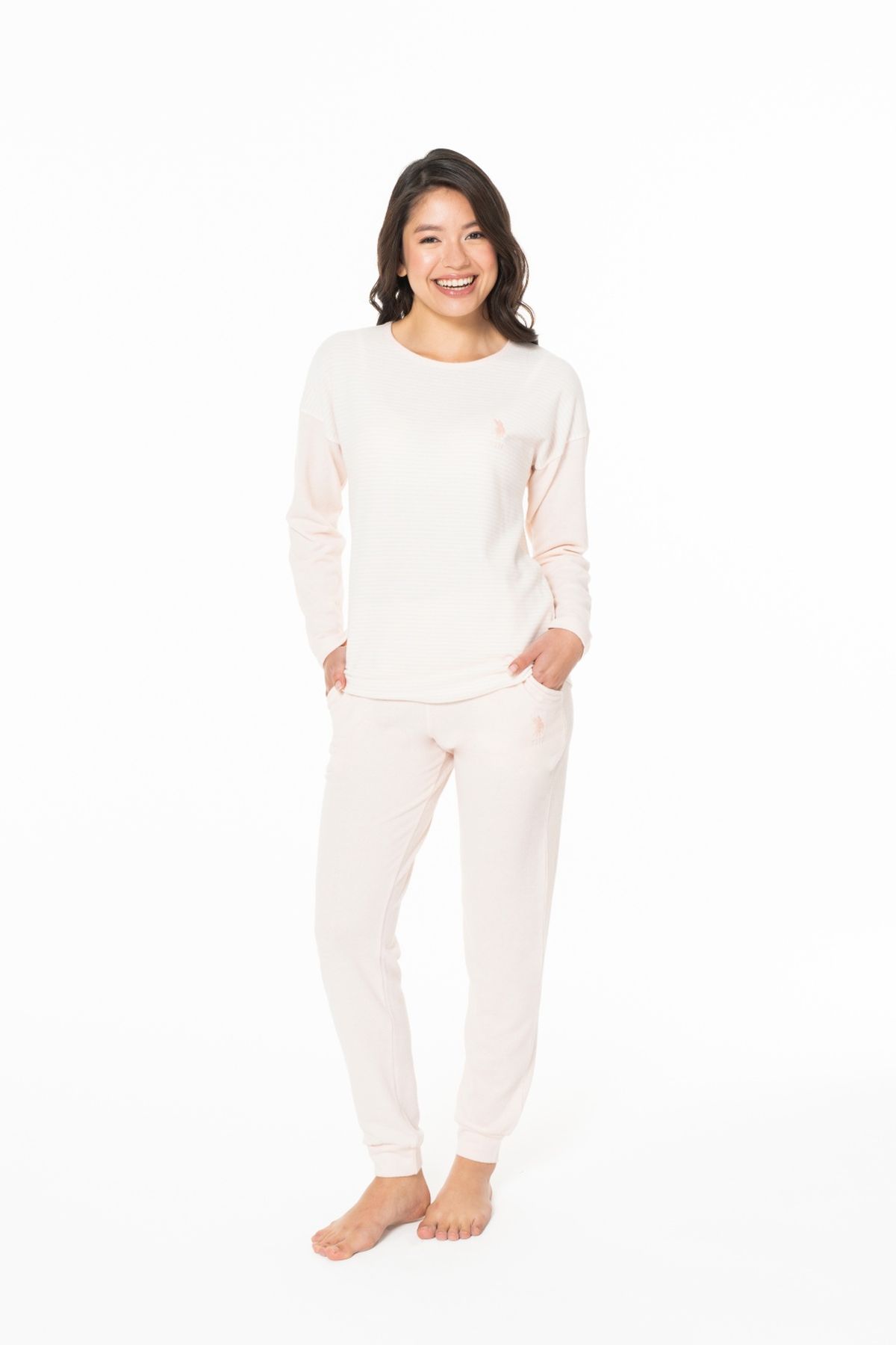 U.S. Polo Assn. 20129 Kadın Pembe Melanj Yuvarlak Yaka Uzun Kollu Pijama Takımı