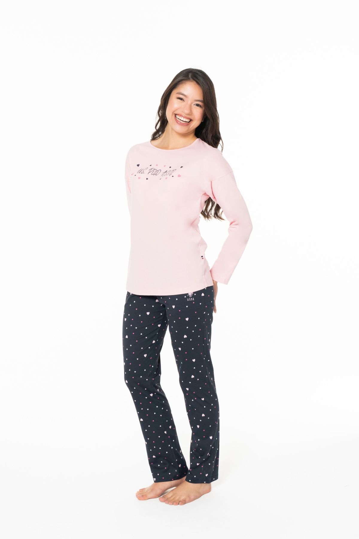 U.S. Polo Assn. 20140 Kadın Pembe Yuvarlak Yaka Uzun Kollu Pijama Takımı