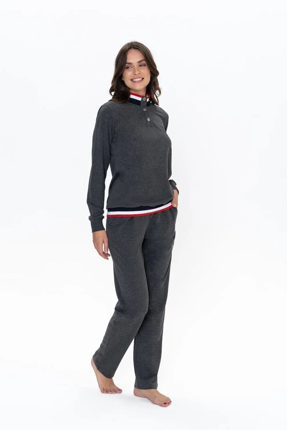 U.S. Polo Assn. 20112 Kadın Antrasıt Melanj Uzun Kollu Dik Yaka Pijama Takımı