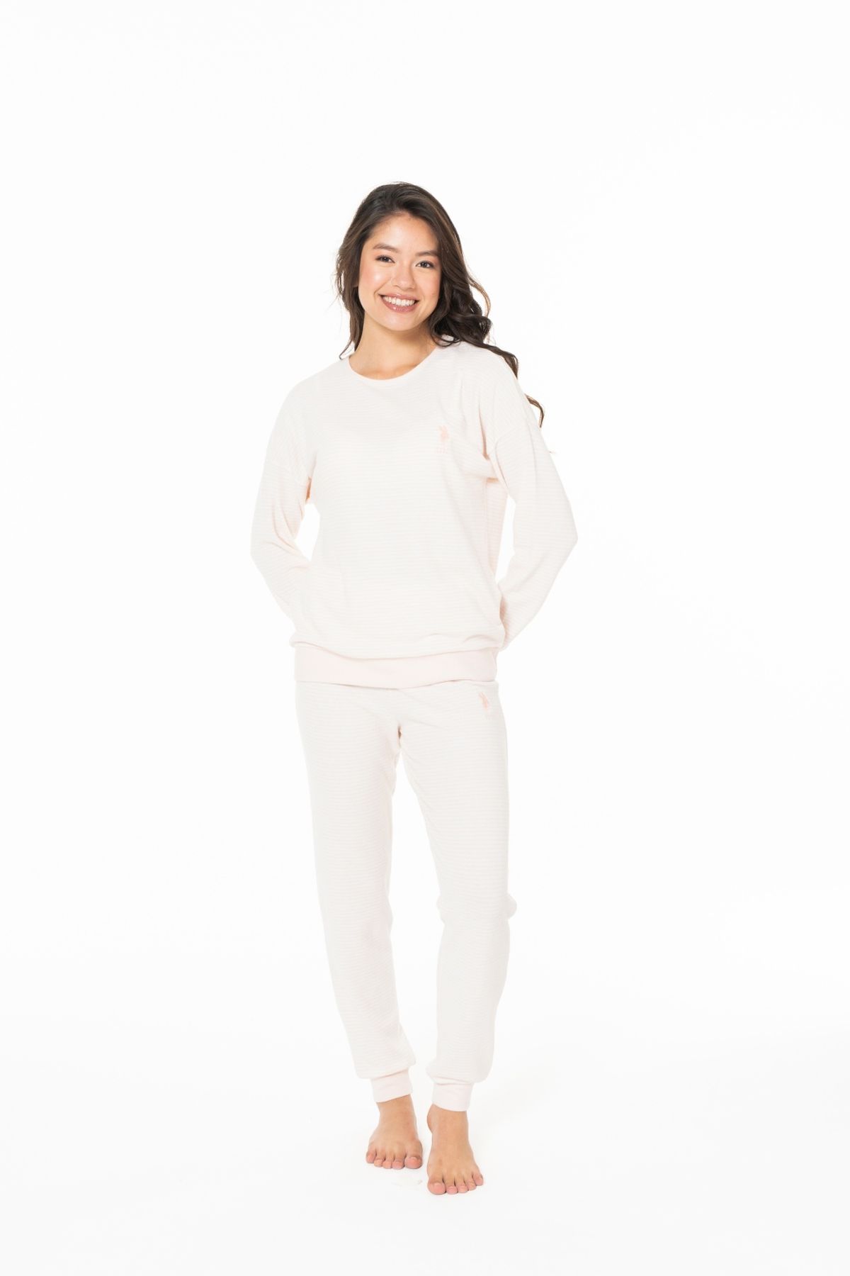 U.S. Polo Assn. 20128 Kadın Pembe Melanj Yuvarlak Yaka Uzun Kollu Pijama Takımı
