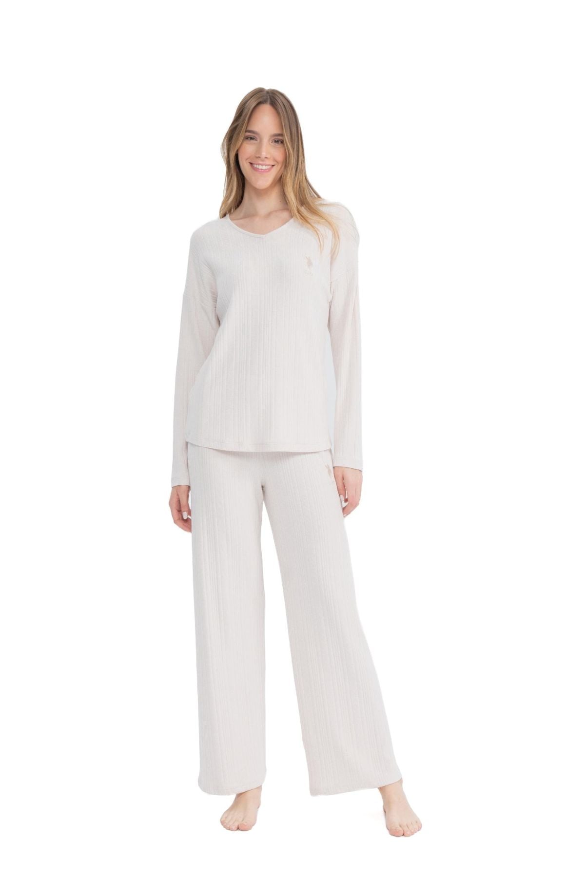 U.S. Polo Assn. 17090 Kadın Bej Uzun Kollu V Yaka Pijama Takım