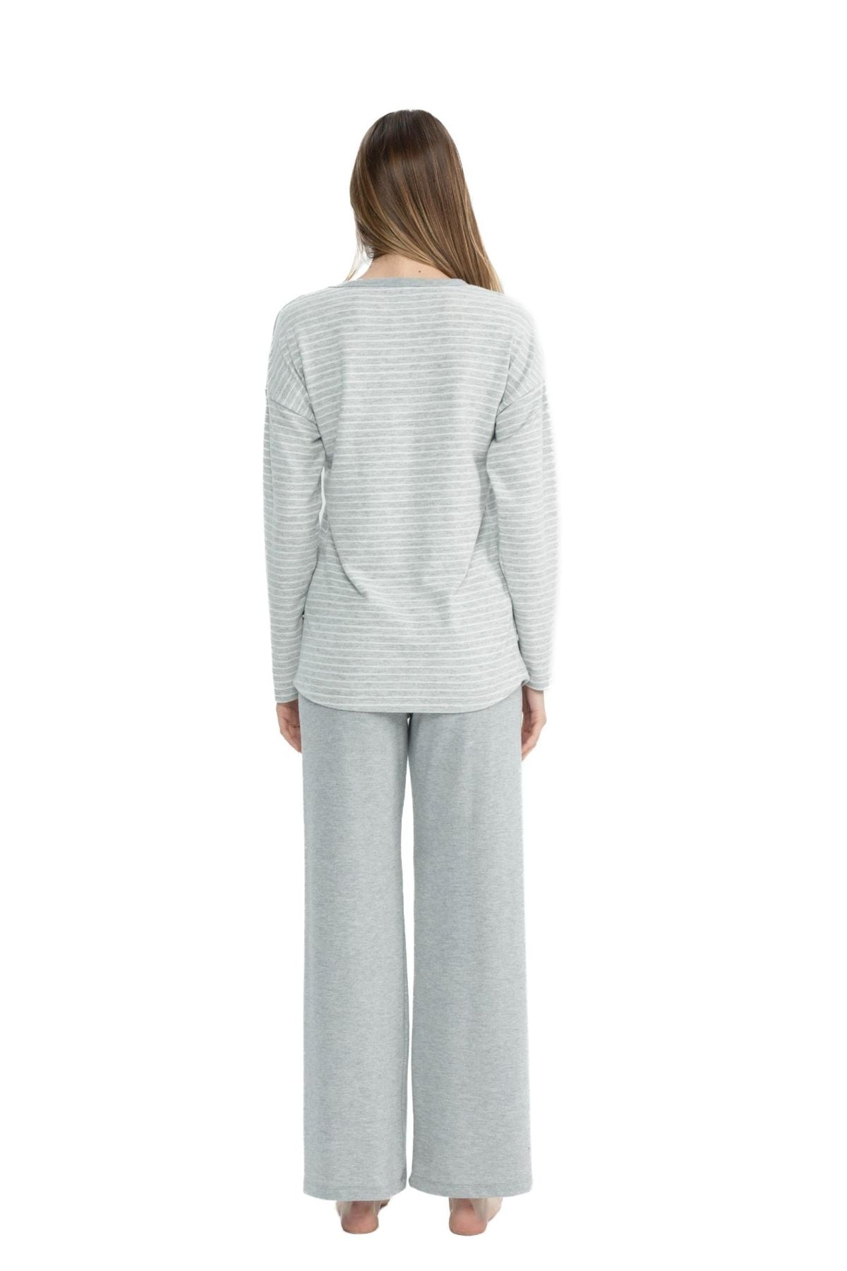 U.S. Polo Assn. 17083 Kadın Gri Melanj Uzun Kollu Yuvarlak Yaka Pijama Takım