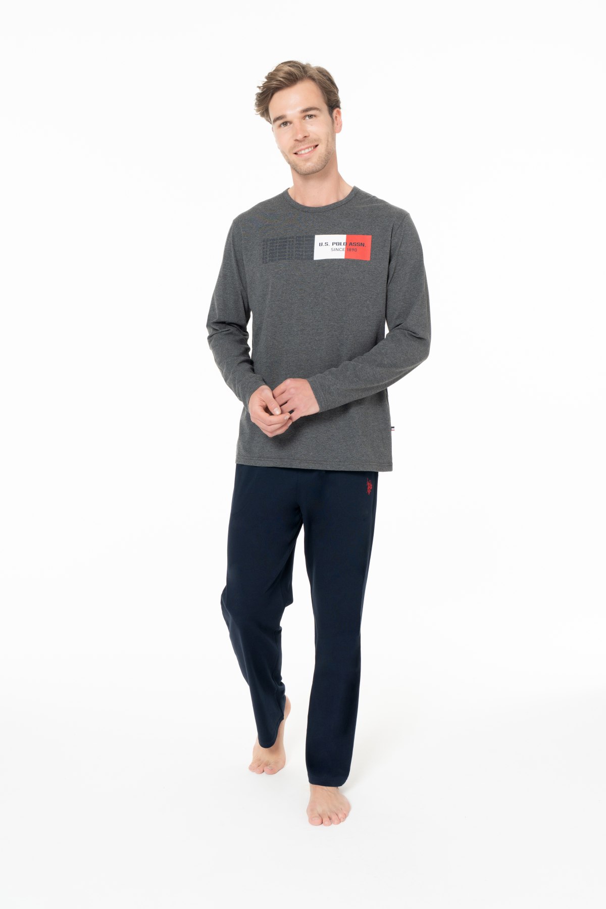 U.S. Polo Assn. 18945 Erkek Antrasıt Melanj Yuvarlak Yaka Uzun Kollu Pijama Takımı