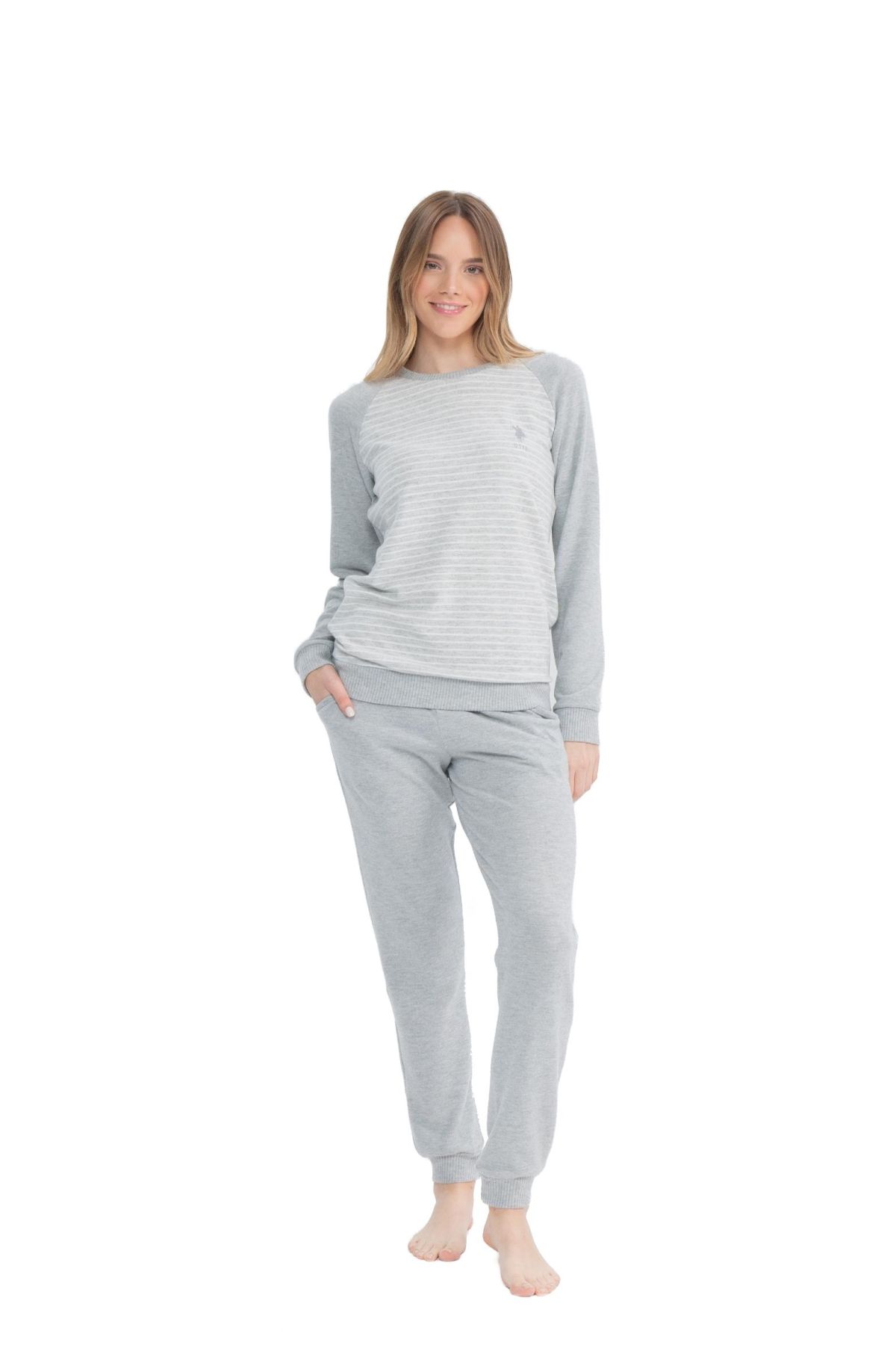 U.S. Polo Assn. 17084 Kadın Gri Melanj Uzun Kollu Yuvarlak Yaka Pijama Takım