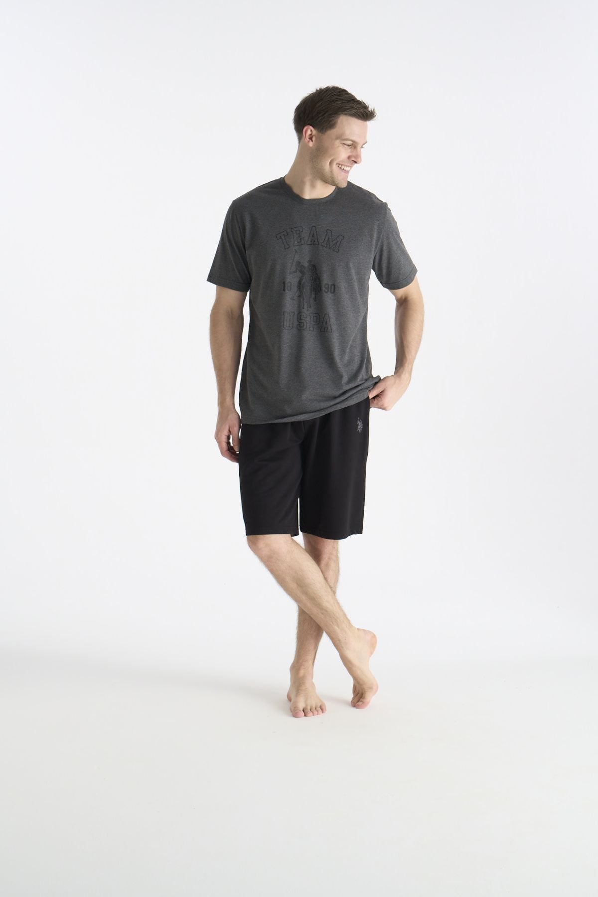 U.S. Polo Assn. 19021 Erkek Antrasıt Melanj Kısa Kollu Yuvarlak Yaka Şort Takımı