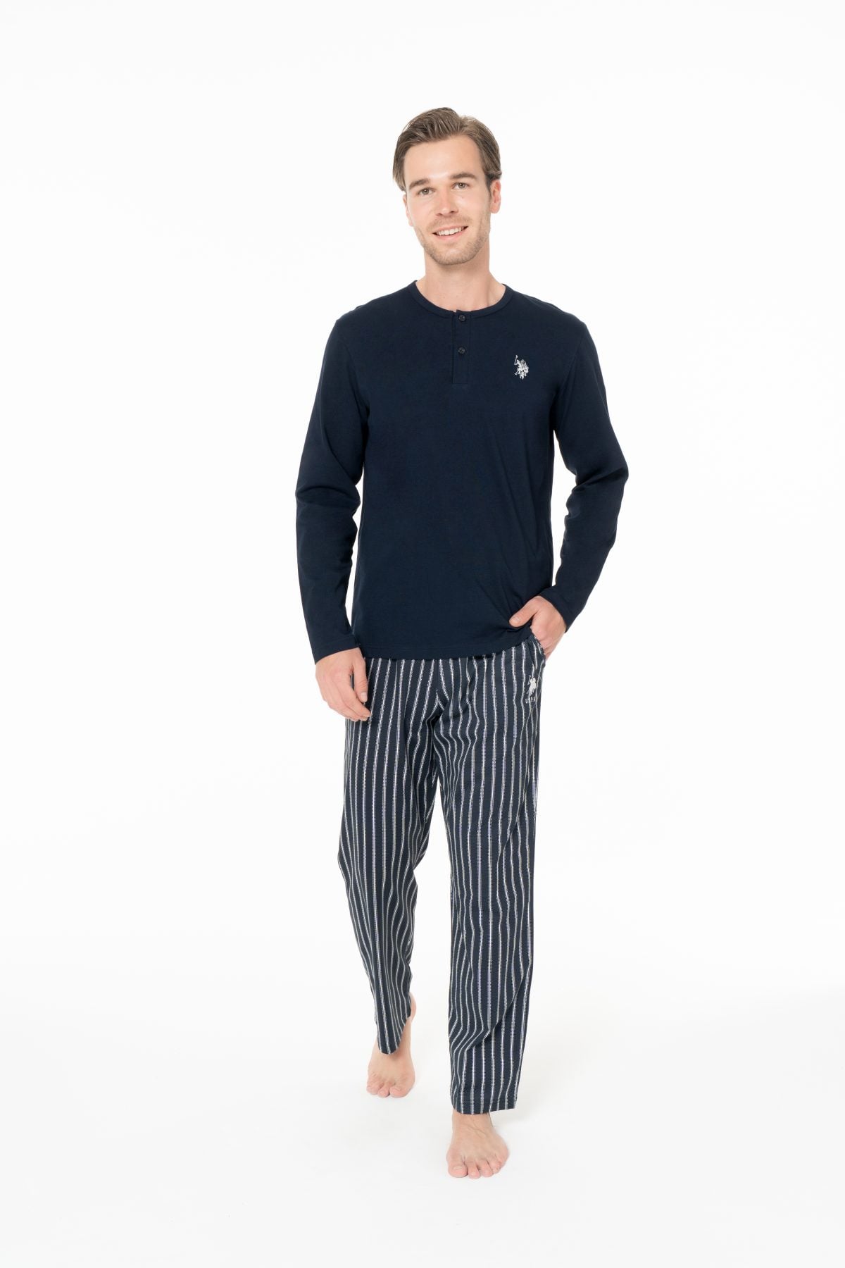 U.S. Polo Assn. 18994 Erkek Lacıvert Yuvarlak Yaka Uzun Kollu Pijama Takımı