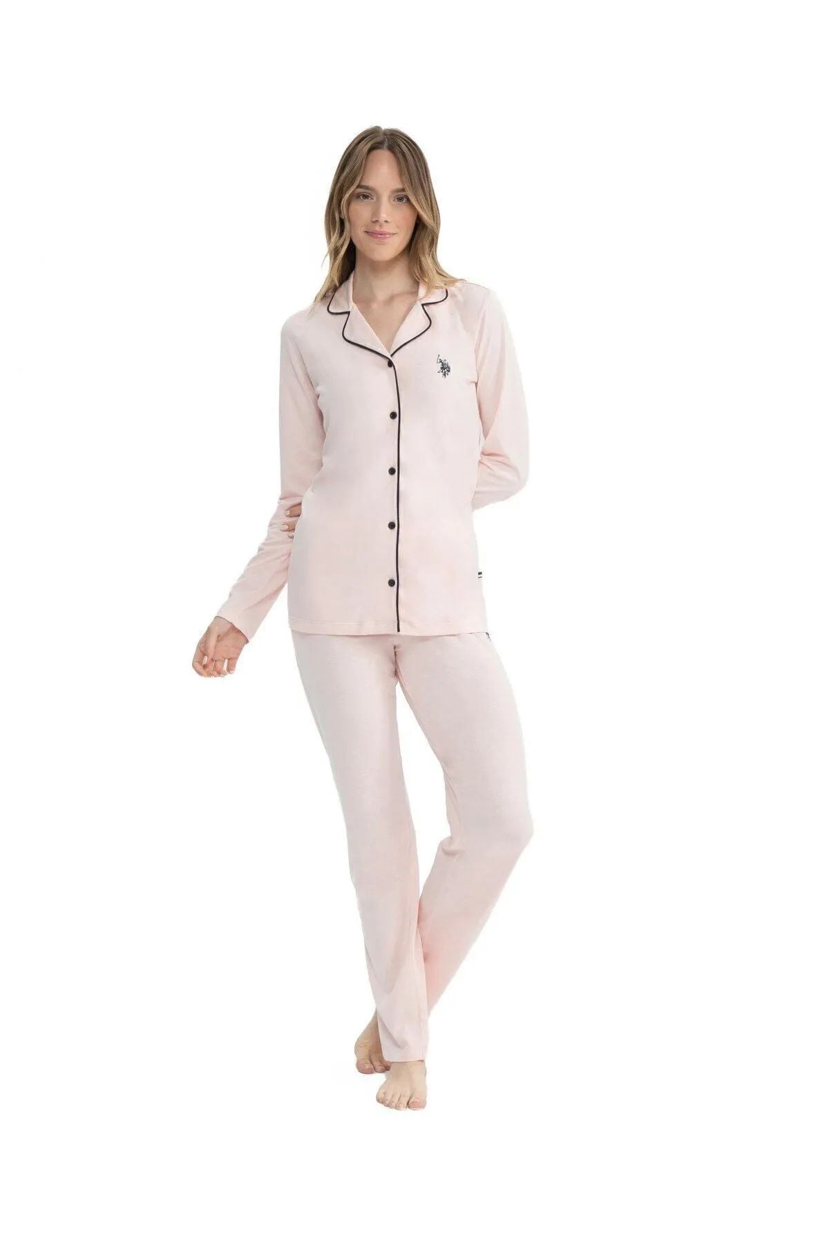 U.S. Polo Assn. 11000 Kadın Pembe Uzun Kollu Önden Düğmeli Gömlek Pijama Takım