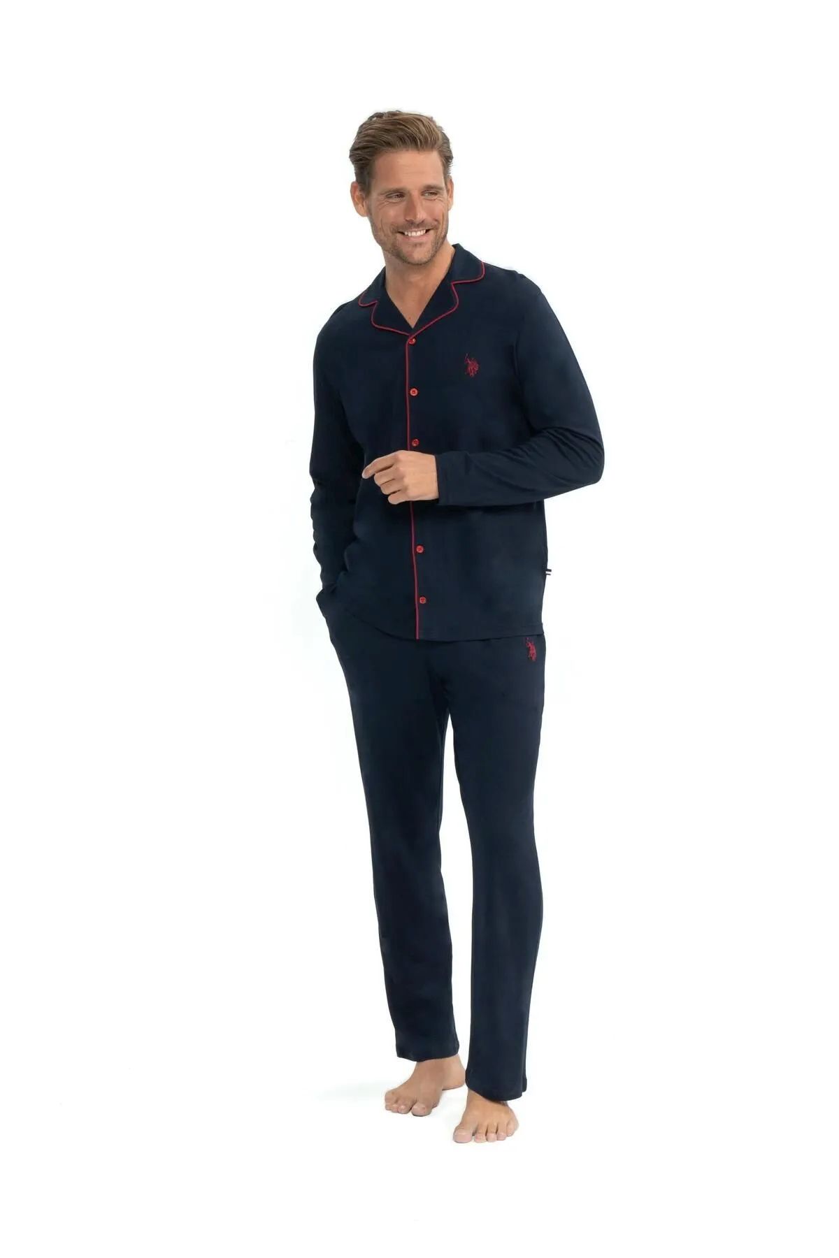 U.S. Polo Assn. 12039 Erkek Lacivert Uzun Kollu Önden Düğmeli Gömlek Pijama Takım