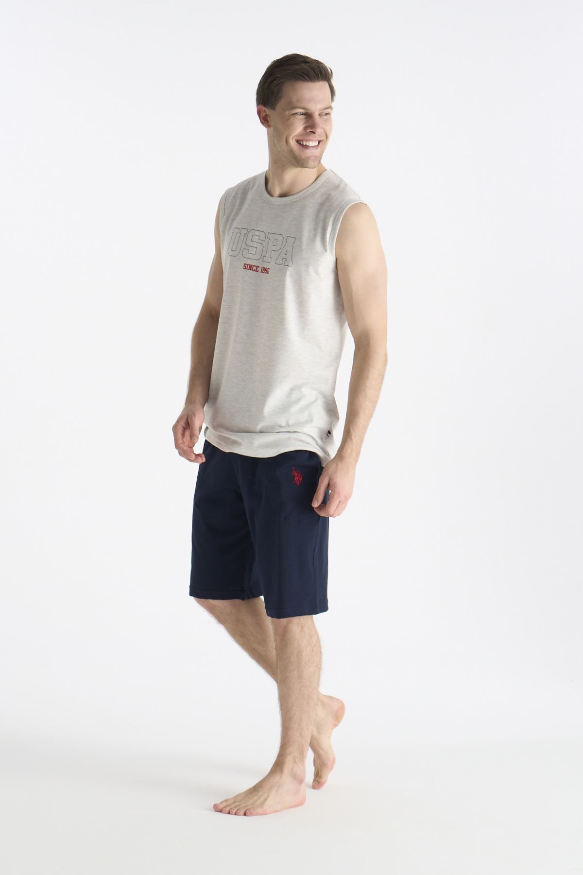 U.S. Polo Assn. 19010 Erkek Kar Melanj Sıfır Kollu Yuvarlak Yaka Şort Takımı