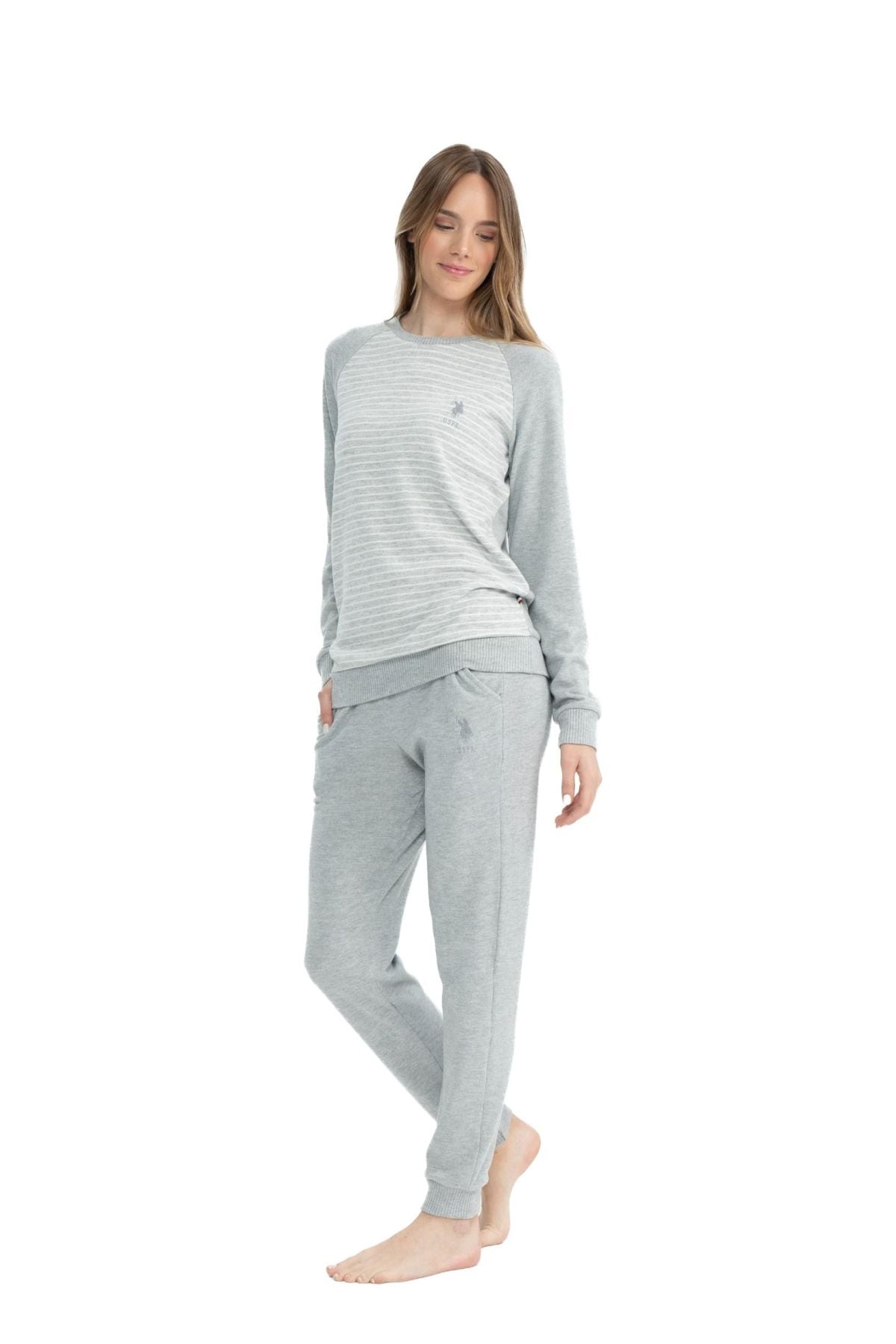 U.S. Polo Assn. 17084 Kadın Gri Melanj Uzun Kollu Yuvarlak Yaka Pijama Takım