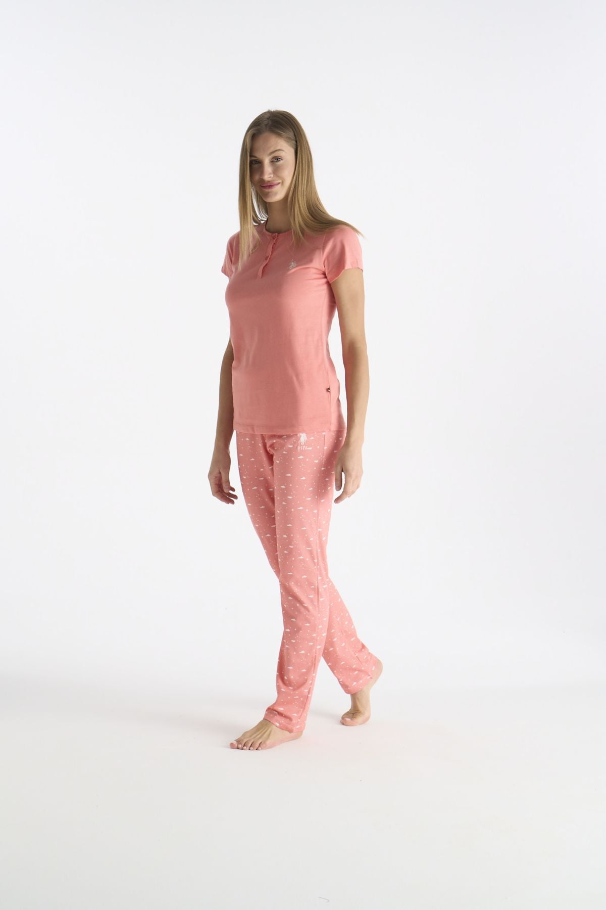 U.S. Polo Assn. 20231 Kadın Somon Kısa Kollu Yarım Patlı Pijama Takımı