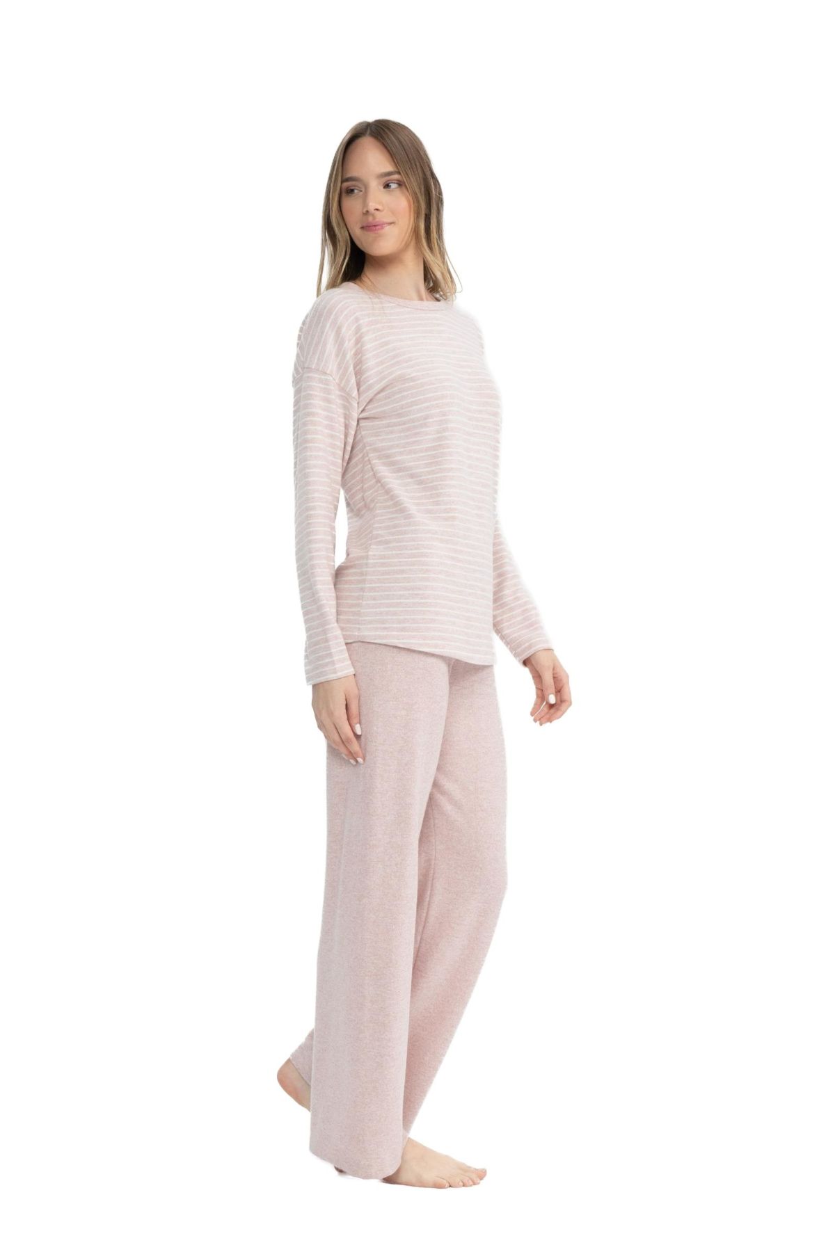 U.S. Polo Assn. 17083 Kadın Pembe Melanj Uzun Kollu Yuvarlak Yaka Pijama Takım