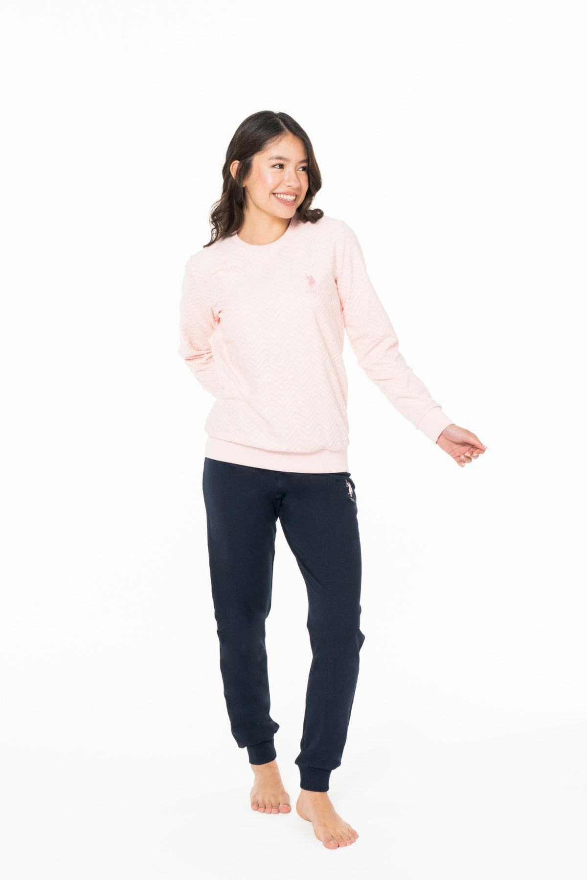 U.S. Polo Assn. 20125 Kadın Pembe Yuvarlak Yaka Uzun Kollu Pijama Takımı