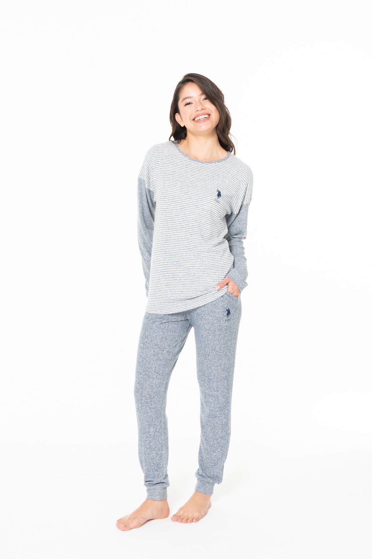 U.S. Polo Assn. 20129 Kadın Lacıvert Melanj Yuvarlak Yaka Uzun Kollu Pijama Takımı